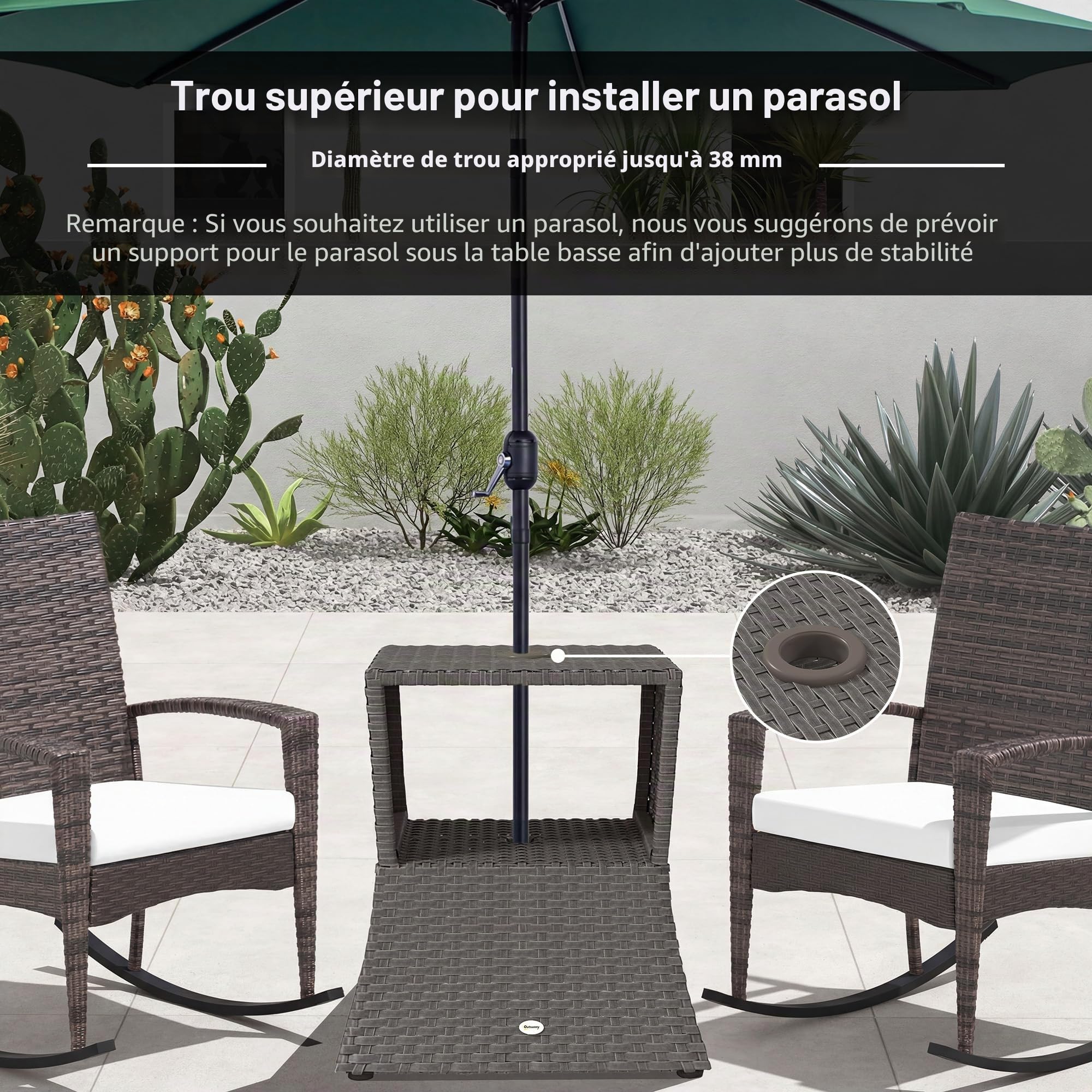 Table basse d'extérieur en rotin Outsunny, table d'appoint de jardin en osier avec trou pour parasol et espace de rangement pour balcon, porche, gris foncé