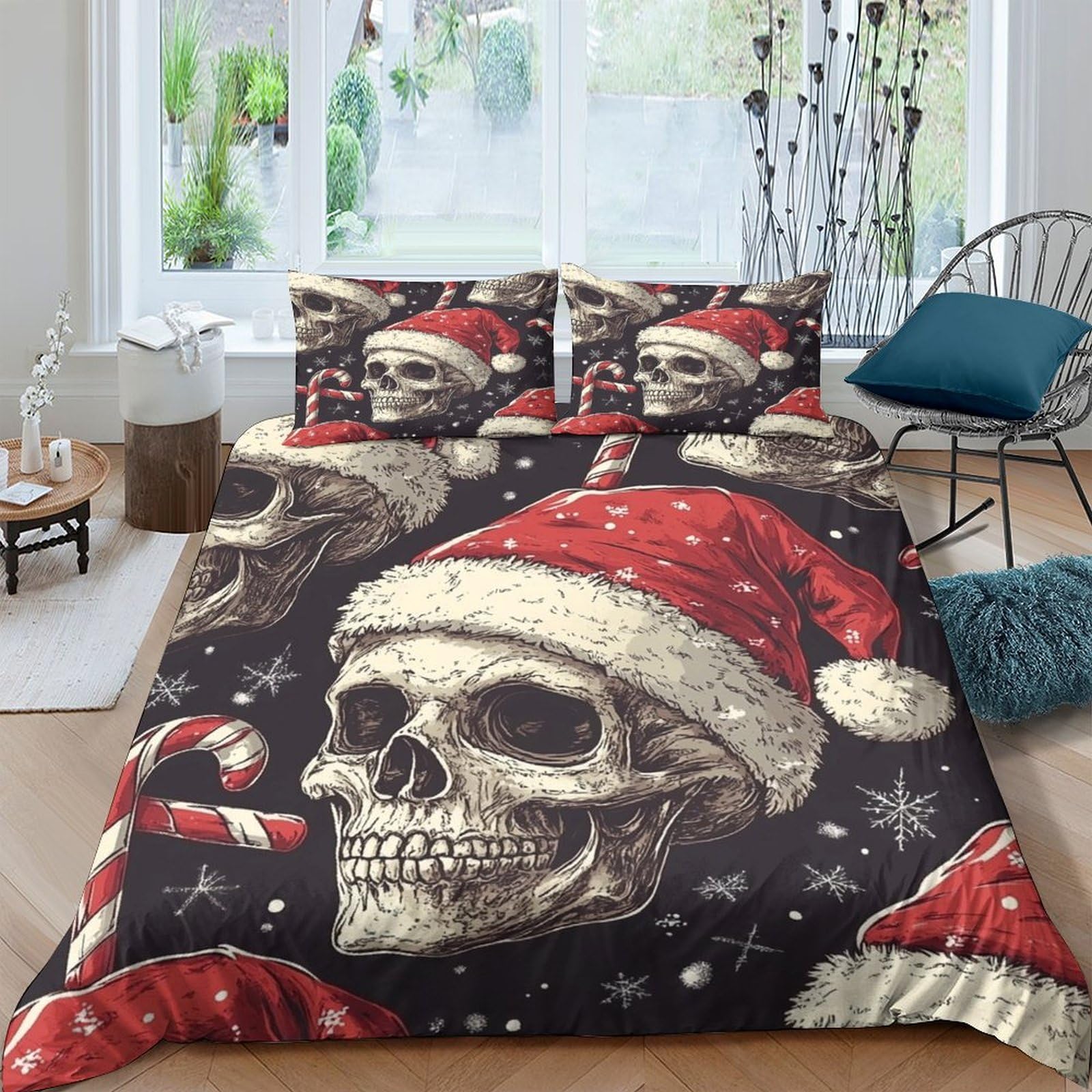 Ctjqhvkz Style-6 3D Printed Skull Santa Fitted Sheet Microfiber Soft Black Red Candy Cane Bed Cover For Bedroom Guest Room Decor Single（135X200cm）