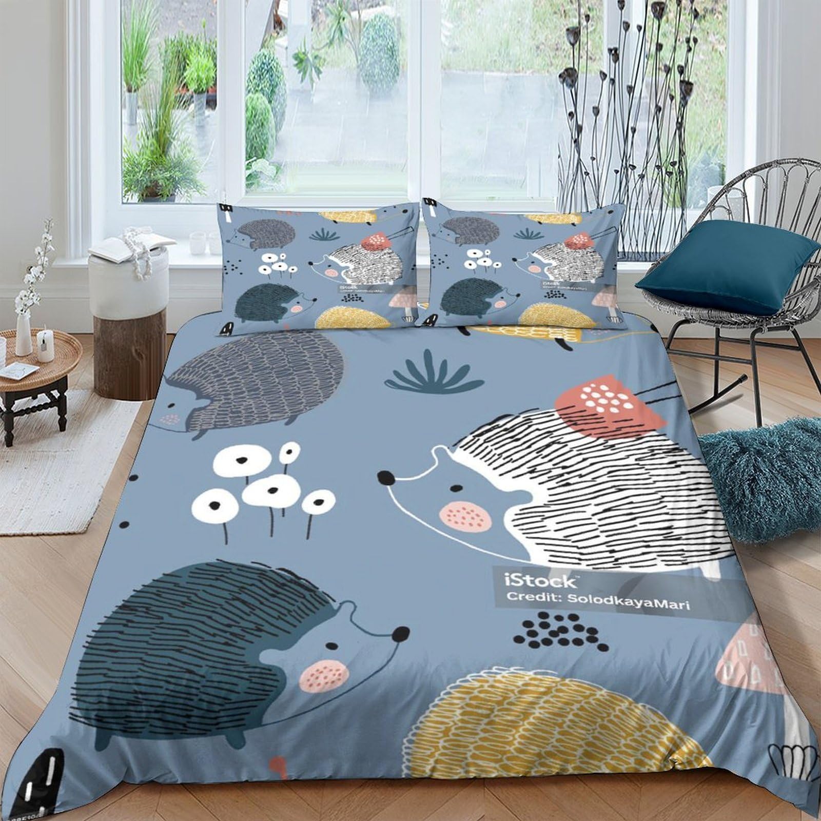 Ctjqhvkz Style-4 3D Printed Hedgehog Floral Fitted Sheet Microfiber Soft Blue Animal Bed Cover For Bedroom Guest Room Dorm Decor Single（135X200cm）