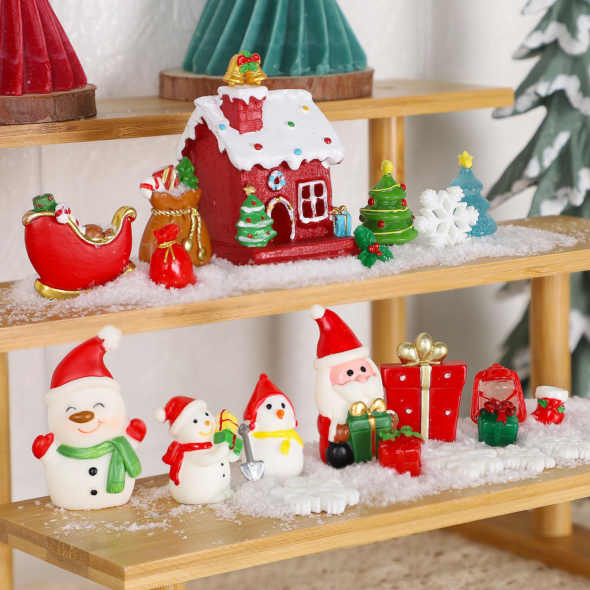 Lulu Home24 Pcs Christmas Decorative Crafts Kit, Resin Miniature Snowman Tree Snowflakes Gift Box Santa Figurines & House Ornaments for Snow Globes DIY Xmas Accessories