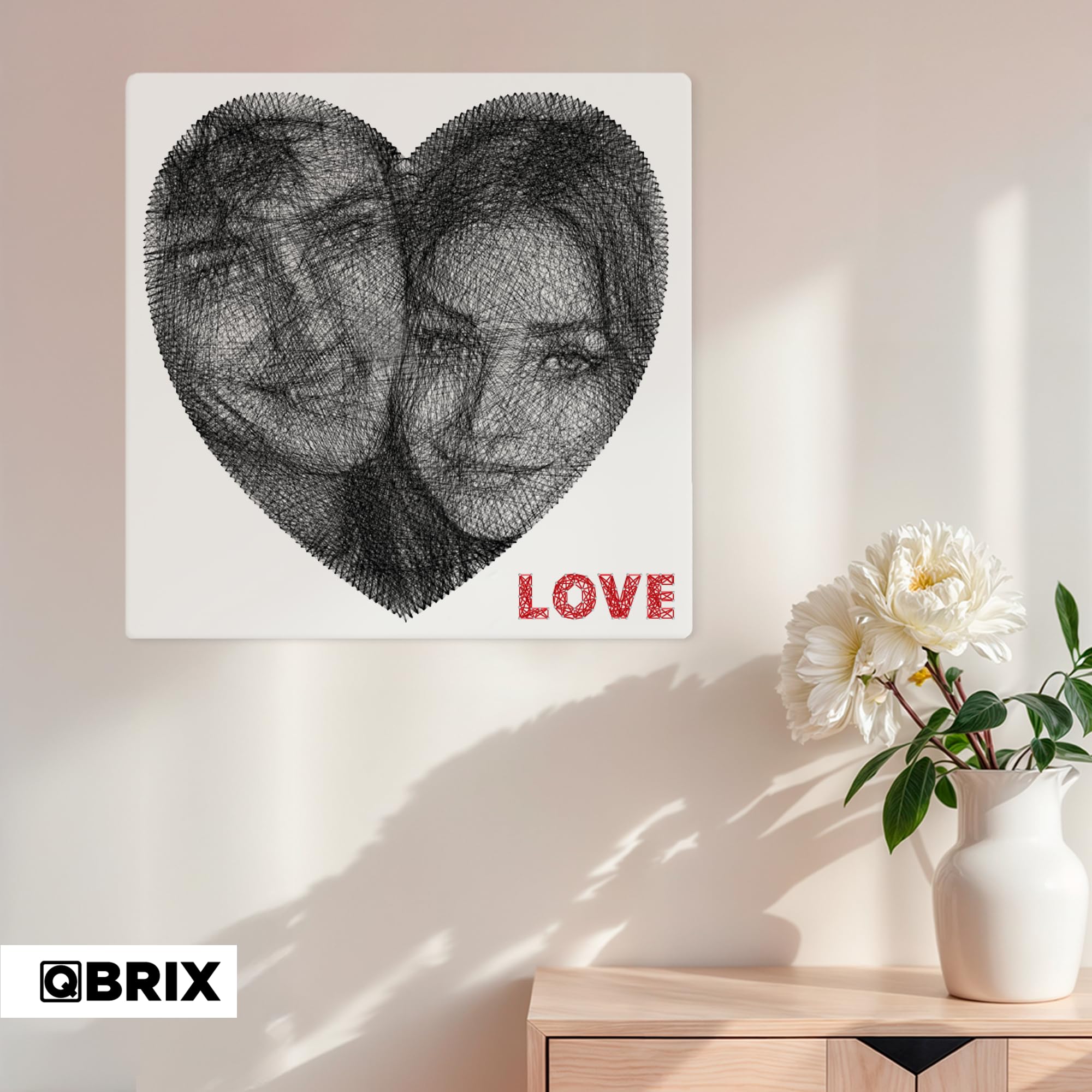 QBRIX Herz – String Art Fadenbild DIY | personalisiertes Geschenk | eigenes Foto als Garnbild | Wunschmotiv | Wandbild (Herz Form 50×50 cm)