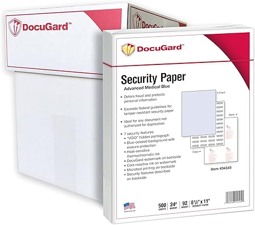 DocuGard Papel de seguridad azul avanzado, 7 características, 8.5 x 11 pulgadas, 24 libras, 2500 hojas (04545C)