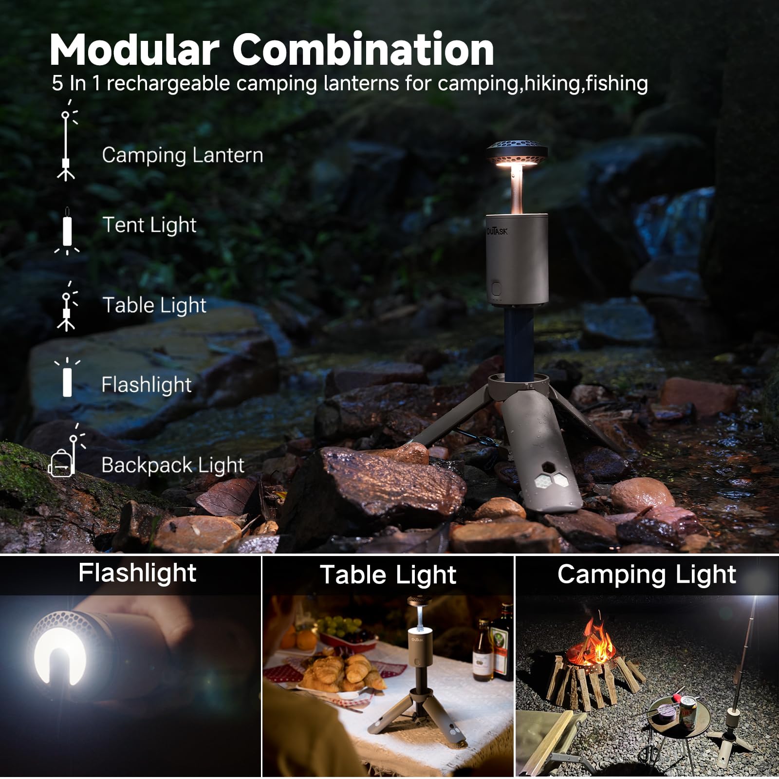Outask Lanterna da campeggio ricaricabile, portatile, magnetica, con batteria da 12000 mAh, torcia telescopica impermeabile IPX6/IPX7, lampada da campeggio per emergenza, campeggio, escursionismo