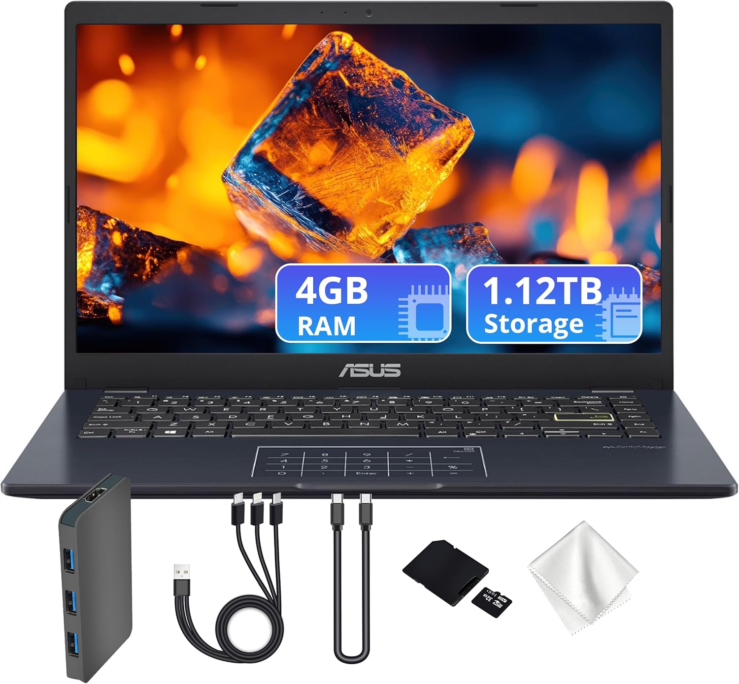 ASUS Vivobook Go 14" FHD Business Laptop, Intel Celeron N4500, Intel UHD Graphics, 4GB DDR4, 1.12TB Storage (128GB eMMC&1TB Docking Station), Numeric Keypad, Webcam, Wi-Fi 5, Win 11, Star Black