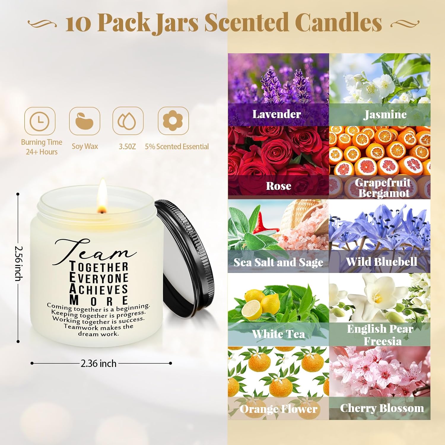 Fumete 10 Pcs Employee Appreciation Gifts Jars Scented Soy Candles 3.5 oz The Difference Candles Team Thank You Gifts for Office Coworker Volunteers Nurse Teachers(White,Team)