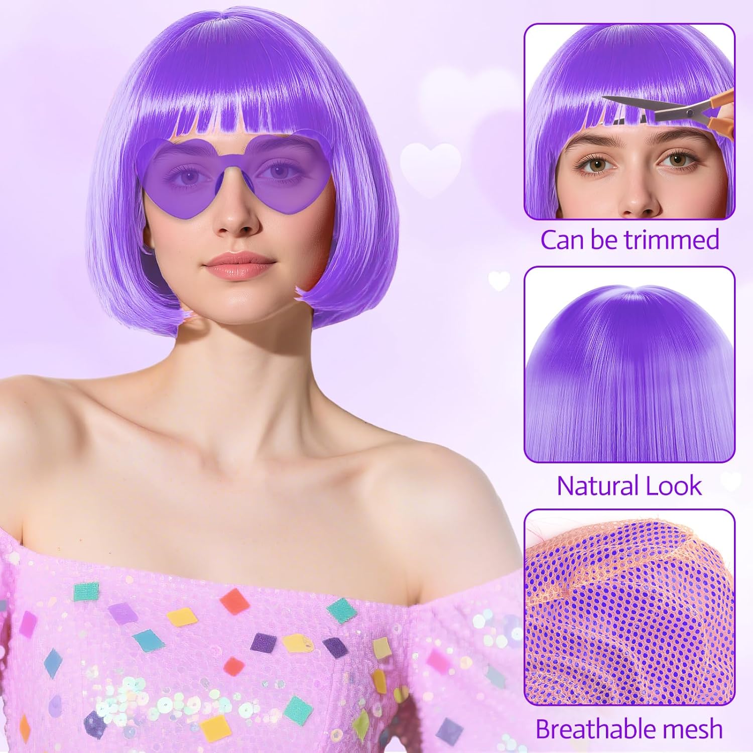 PLULON 4 Pcs Colorful Bob Wigs with Heart Plastic Sunglasses Hair Cap for Women Men, Pink Purple Neon Short Bob Wig Colored Funny Cosplay Hair for Daily Bachelorette Halloween Costume Party Decor - Image 3
