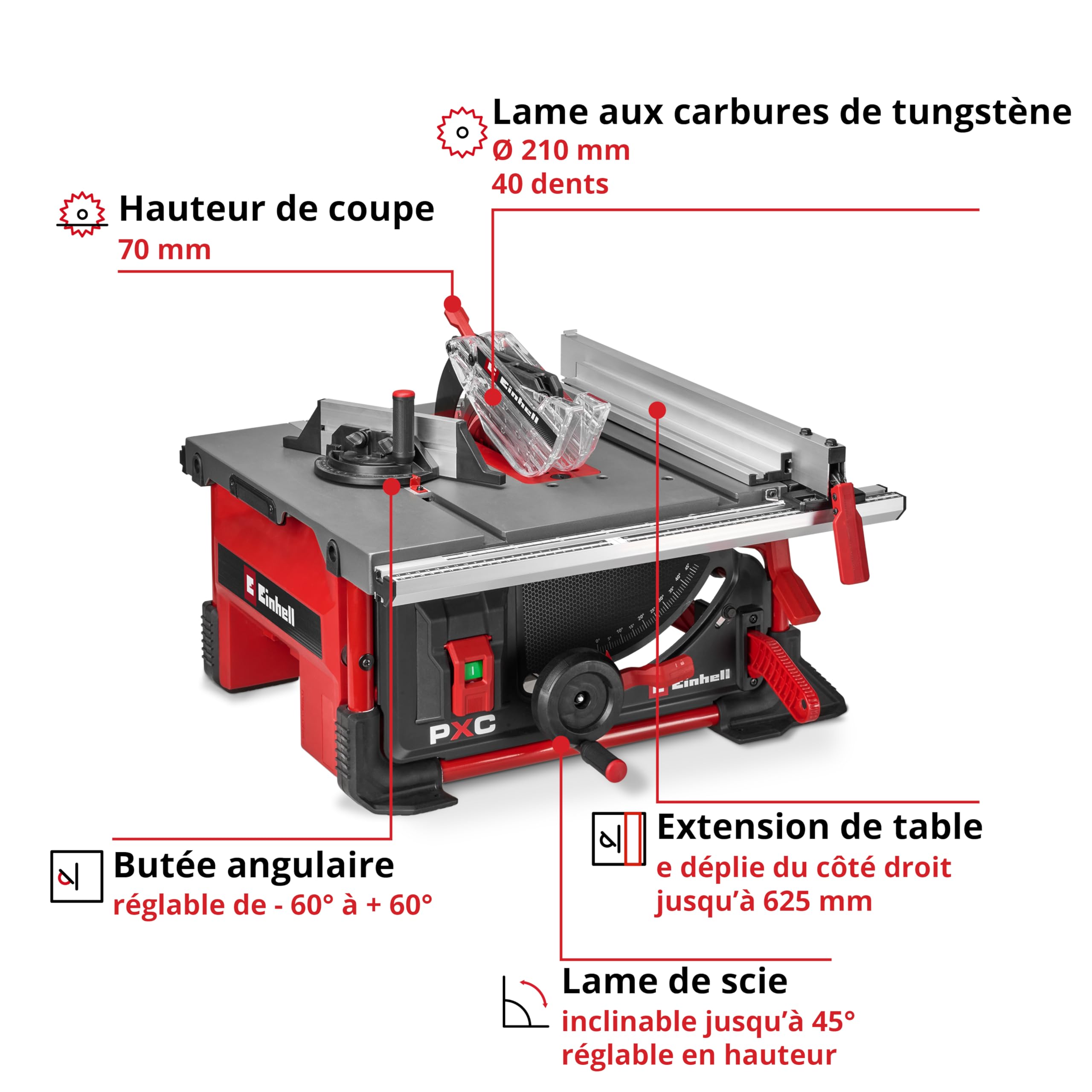 Einhell Scie circulaire sur table sans fil TE-TS 36/8 T Li-Solo Power X-Change (36 V, hauteur de coupe 70 mm, lame Ø 210 mm, extension de table, butée parallèle, avec lame, sans batteries)