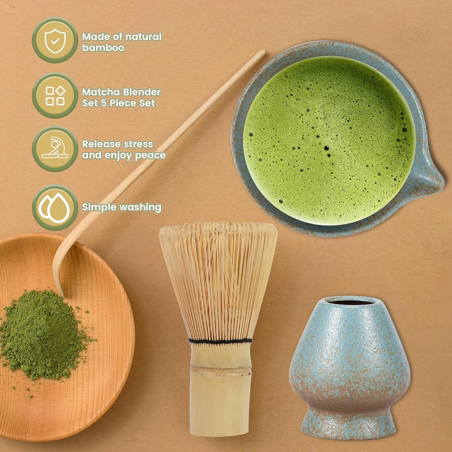 5 Pcs Matcha Set Practical Matcha Whisk Set Includes Matcha Bowl with Matcha Whisk Holder Matcha Whisk Tea Scoop Delicate Matcha Tea Set Versatile Matcha Kit(Blue)