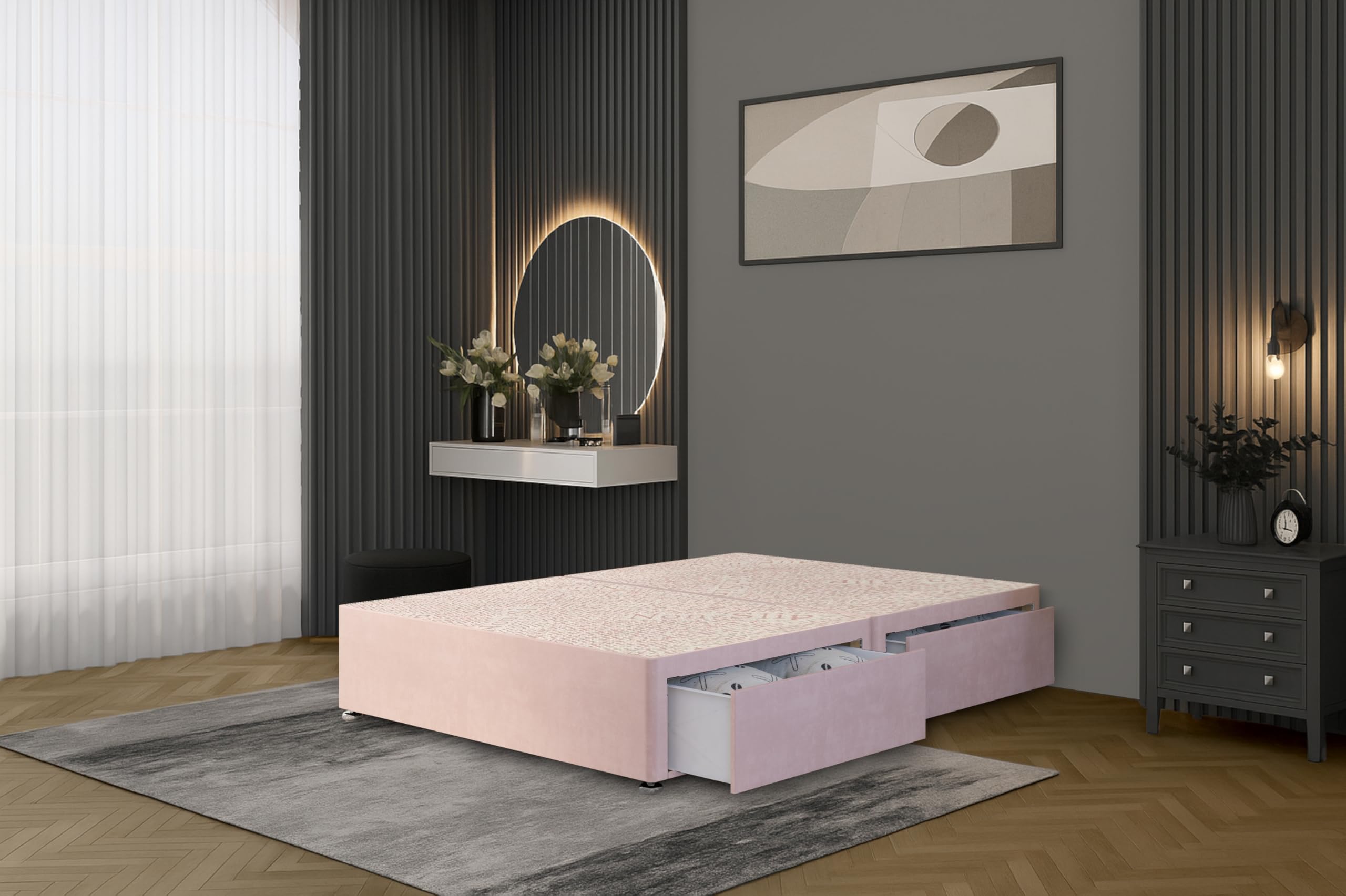 Bed Centre Flexby Divan Bed Base Only with 2 Drawers (Same Side), No Headboard - Available in 3FT, 4FT, 5FT & 6FT (4FT Small Double, Plush Pink Fabric) — image 1