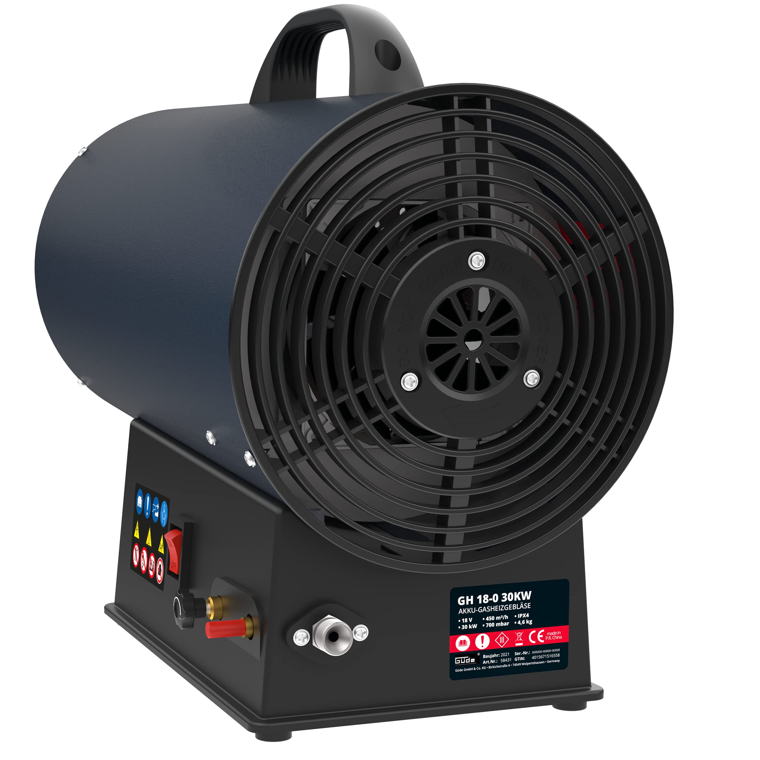 Güde GH 18-0 akumulatorowa dmuchawa grzewcza gazowa, 30 kW (palnik ze stali nierdzewnej, zapłon piezoelektryczny, reduktor ciśnienia, bez akumulatora i ładowarki), niebieska [klasa energetyczna A]