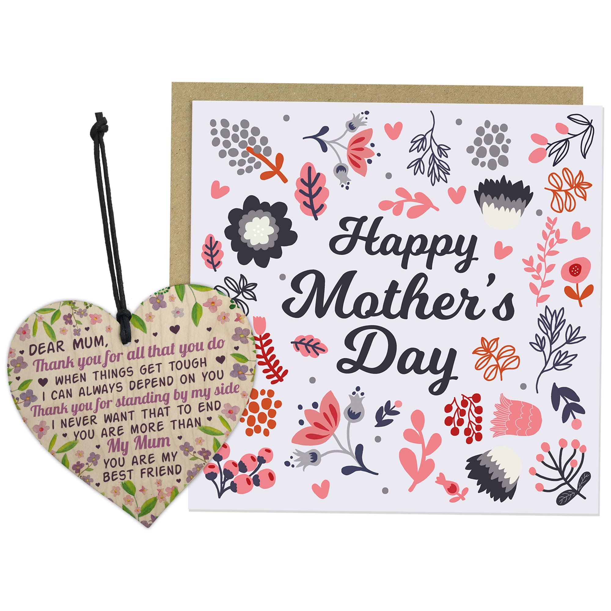 RED OCEAN Mum Mothers Day Card and Heart, Mother's Day Card For Mum, Gifts From Daughter, 145x145mm With Envelope and Wooden Heart, Happy Mothers Gifts
