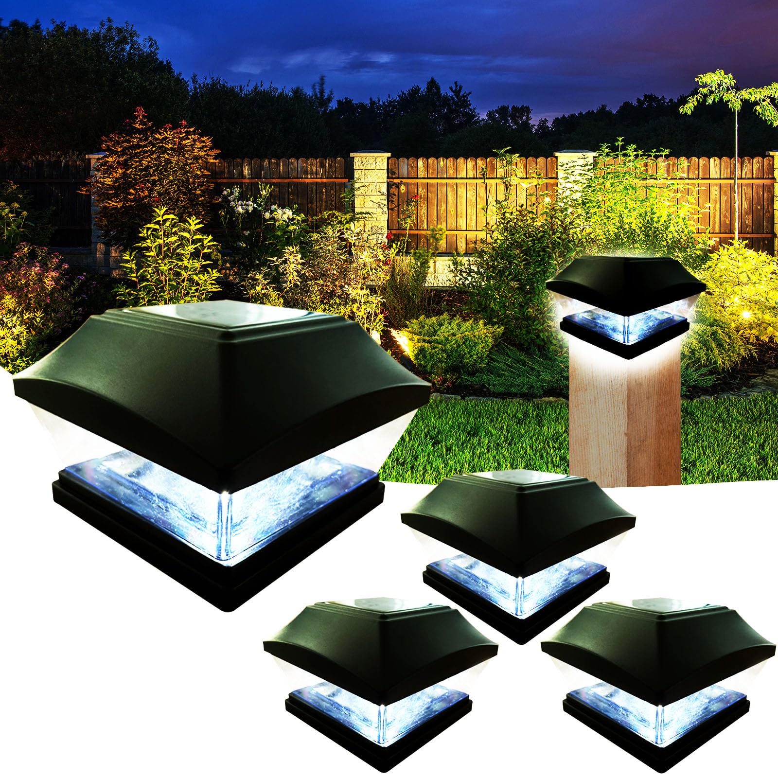 XVZ Luces solares de poste, 4PCS IP65 impermeable lámparas solares para exteriores, luces LED solares, decoración de jardín para jardín, terraza, valla, postes de madera - Negro