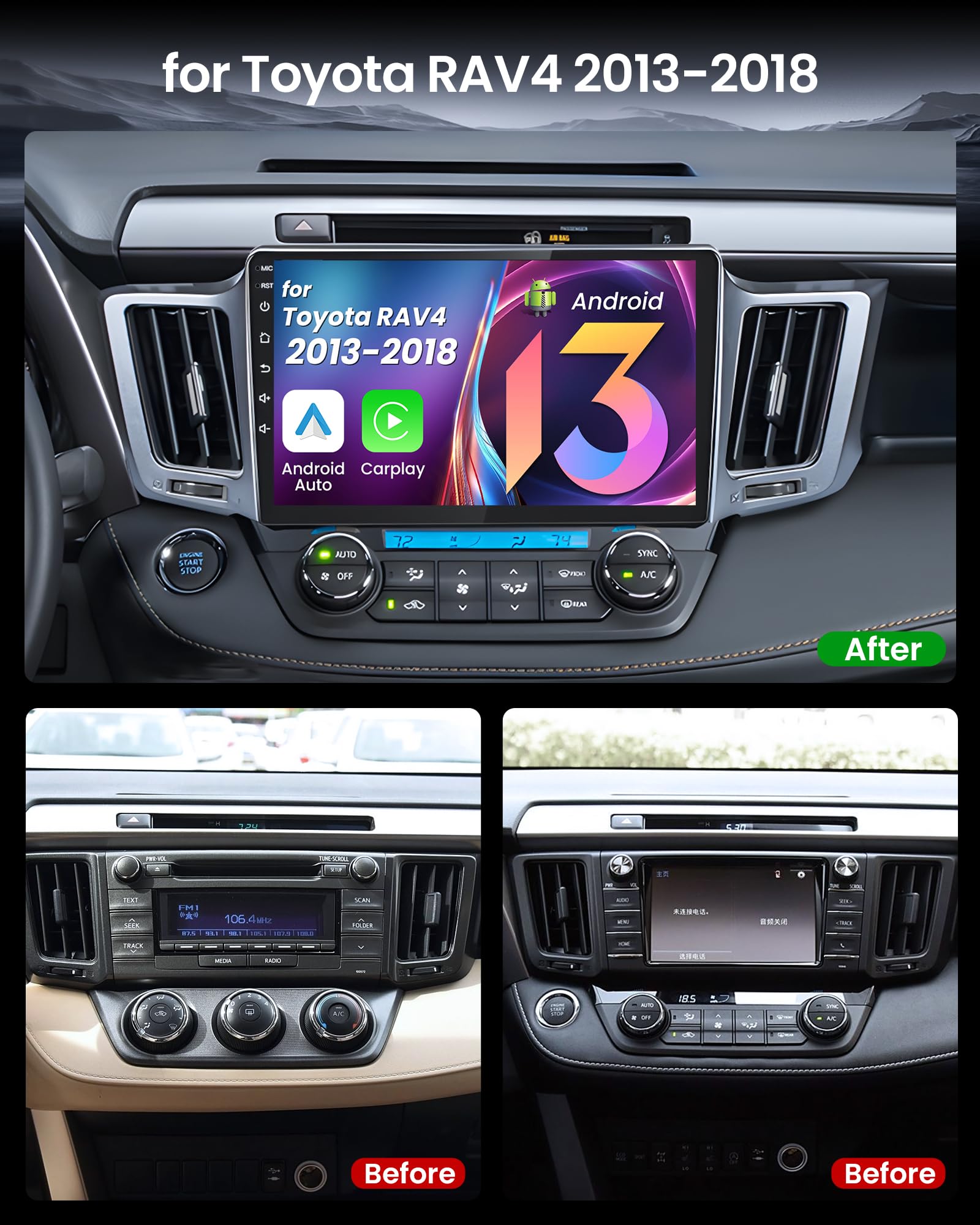 for Toyota RAV4 2013-2018 – 10.2” ?Online Upgrade OTA System? IPS Android Car Radio, 8core+64G, Wireless CarPlay/Android Auto, 5G WiFi, GPS Navigation, Bluetooth, Backup Camera, Mirror Link