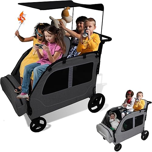 4 Seater Wagon Stroller, Large Wagon for Kids 2 3 Toddler Travel All Terrain Daycare Quad Triple Twin Double Side by Side Stroller with Canopy Convertible Seats (Dark Grey)