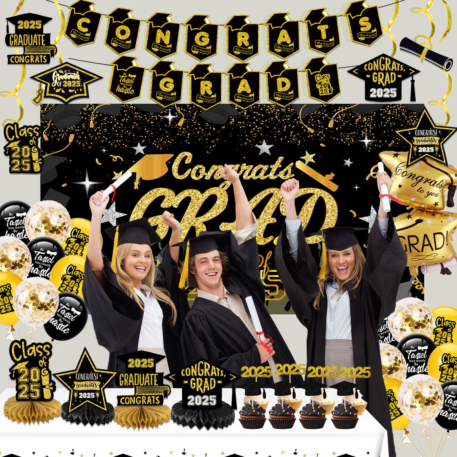 Graduation Decorations 2025-Black and Gold Graduation Party Decorations Supplies Class of 2025 with Banner, Backdrop, Balloons, Centerpieces, Cupcake Toppers, Hanging Swirl for Grad Party