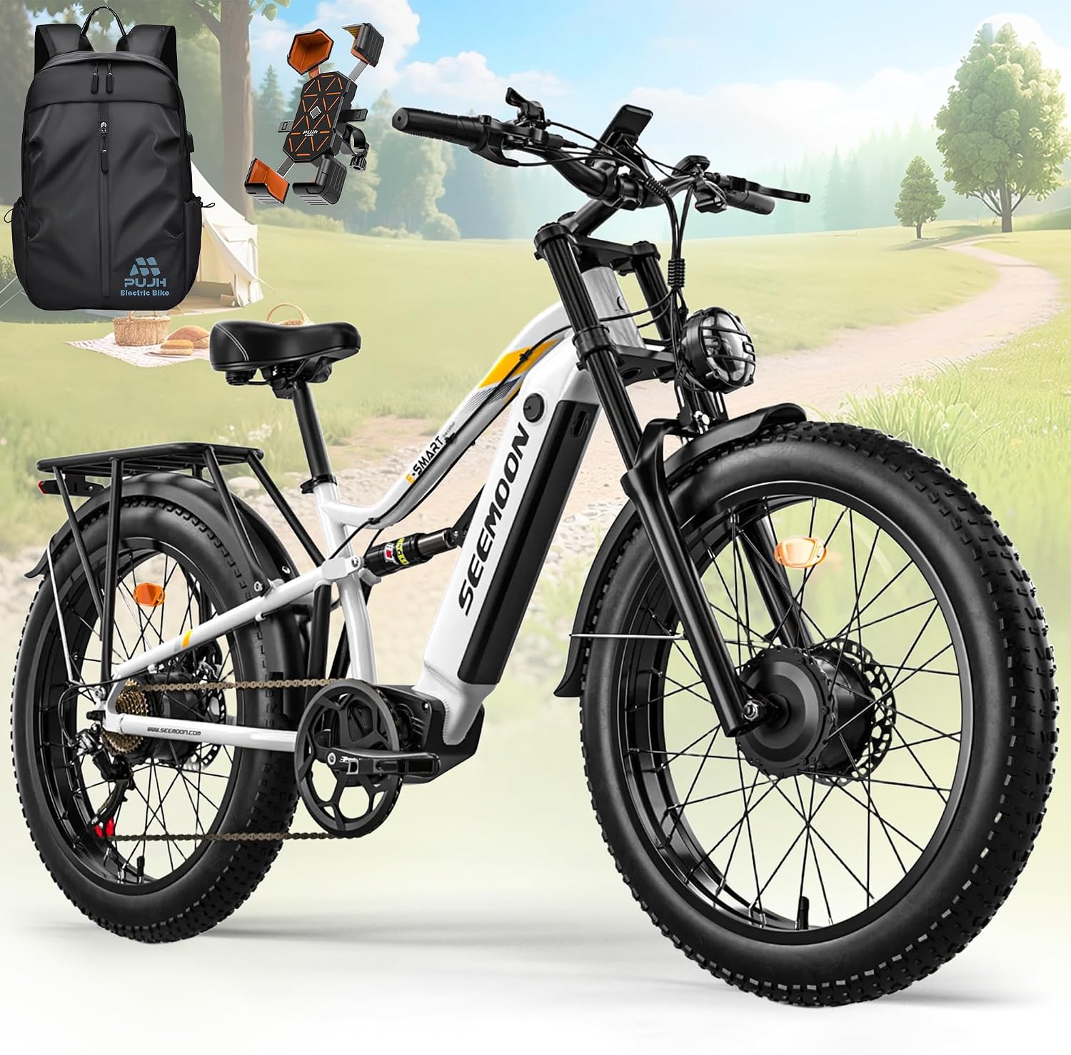 Seemoon Electric Bike for Adults, 52V 20Ah 26" Fat Tire Fast Ebike, up to 100 Miles, Hydraulic Brakes, Off-Road Mountain Hunting AWD Ebike for Men (White&Orange)