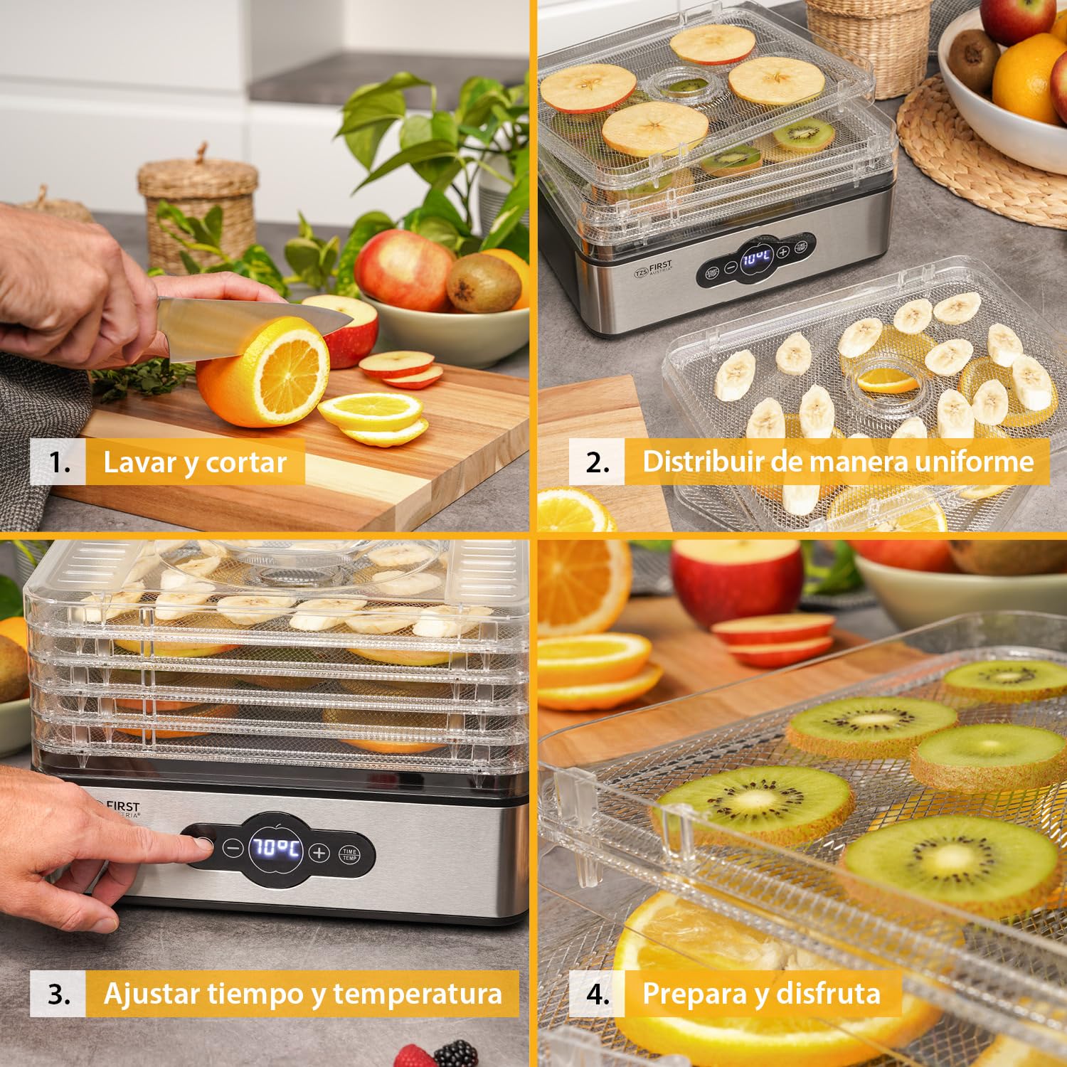 TZS First Austria Deshidratador digital para frutas, hierbas, setas y carne, 5 niveles acero inoxidable, temporizador y regulador temperatura 35-70°C