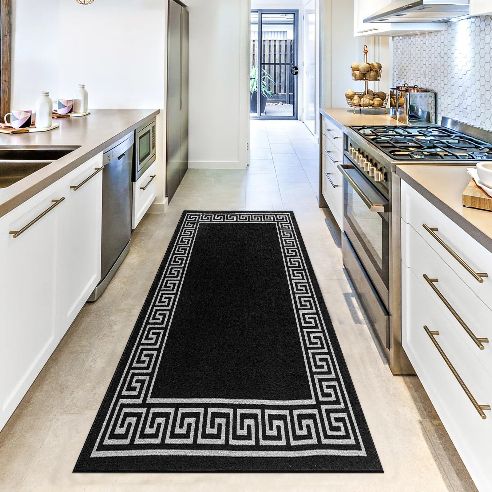 renoazul® Hallway Runner Rug - Non Slip Carpet Runner for Kitchen, Hall and Entrance - Washable Anti Fatigue Mat 66 x 220 cm - Greeky - Black and Grey Rug — image 1