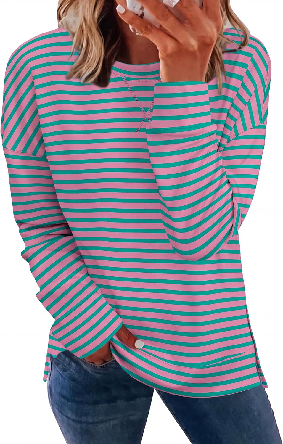 Simplee Womens Oversized Striped Sweatshirt Casual Long Sleeve Crewneck Loose Trendy Pullover Tops Fashion Clothes 2026
