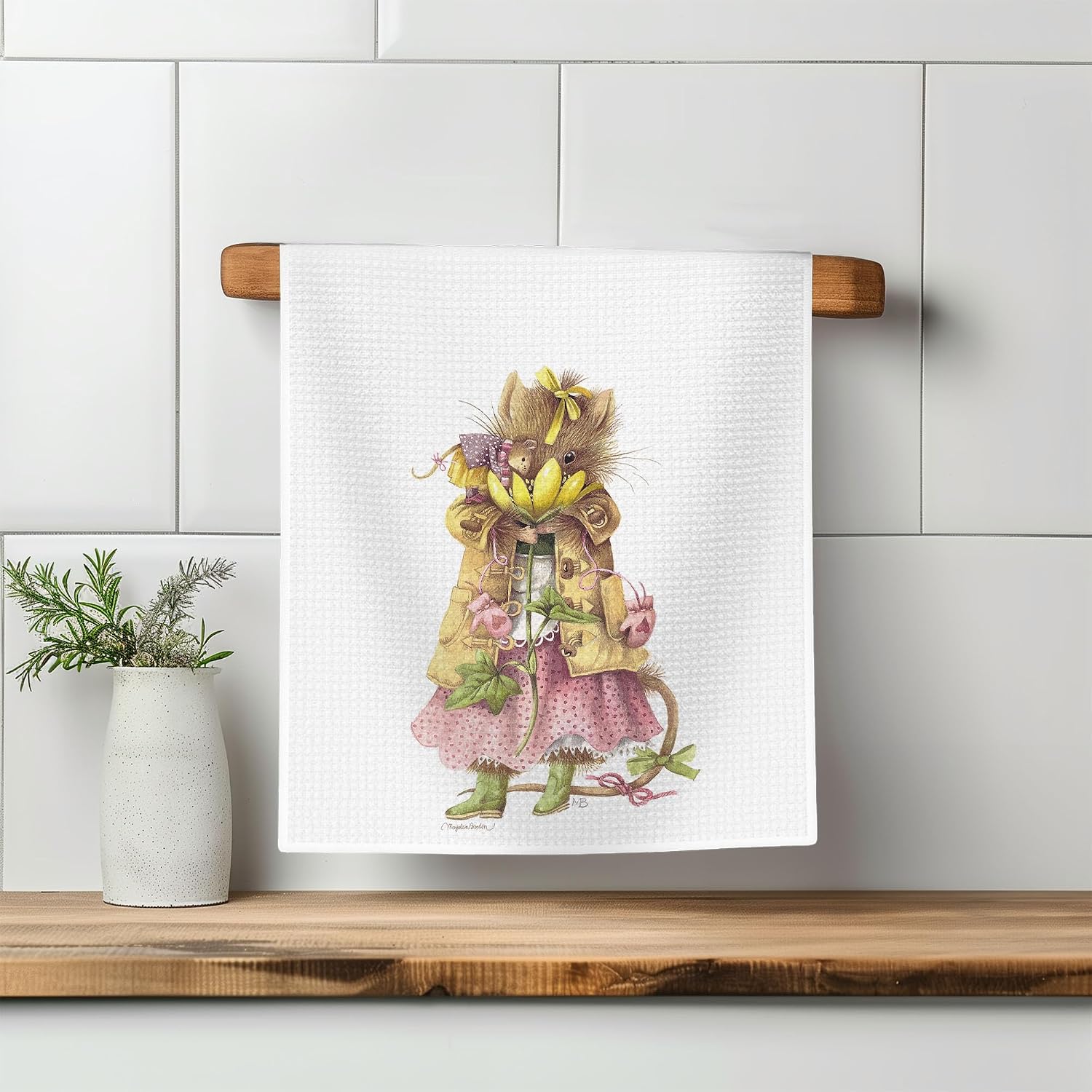 Flagology, Spring Flowers Vera the Mouse Kitchen Tea Towel 16" x 25", Licensed Marjolein Bastin, Cottage Farmhouse Kitchen Décor, Floral Botanical Garden Gift