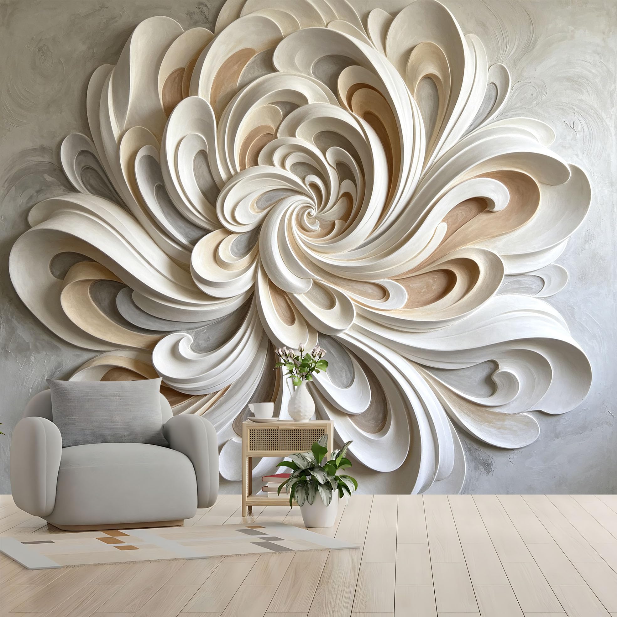 Papel pintado floral escultórico abstracto con efecto 3D pétalos remolinos papel pintado no tejido moderno lujo pétalos curvos revestimiento de pared en 400 x 280 cm crema beige decoración de pared de