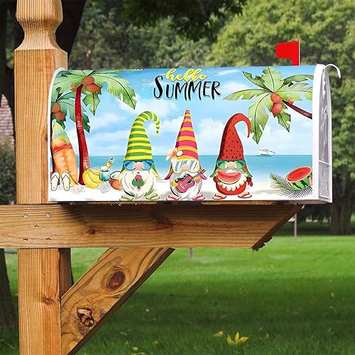 Miniatura 6 de Texupday Hello Summer - Cubierta para buzón con diseño de gnomos de playa tropical con tira magnética, tamaño estándar de 21 x 18 pulgadas, para