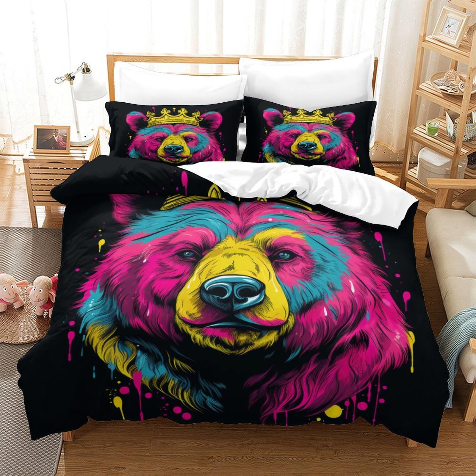 P1S9U7W5Y Trendy Bear Print 3D Printed Duvet Cover Set 3pcs Microfiber Bear Bedding Set Double