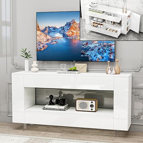 Miniatura 9 de Soporte de TV de alto brillo, centro de entretenimiento moderno con almacenamiento de 2 puertas para televisores de hasta 60 pulgadas, mesa consola