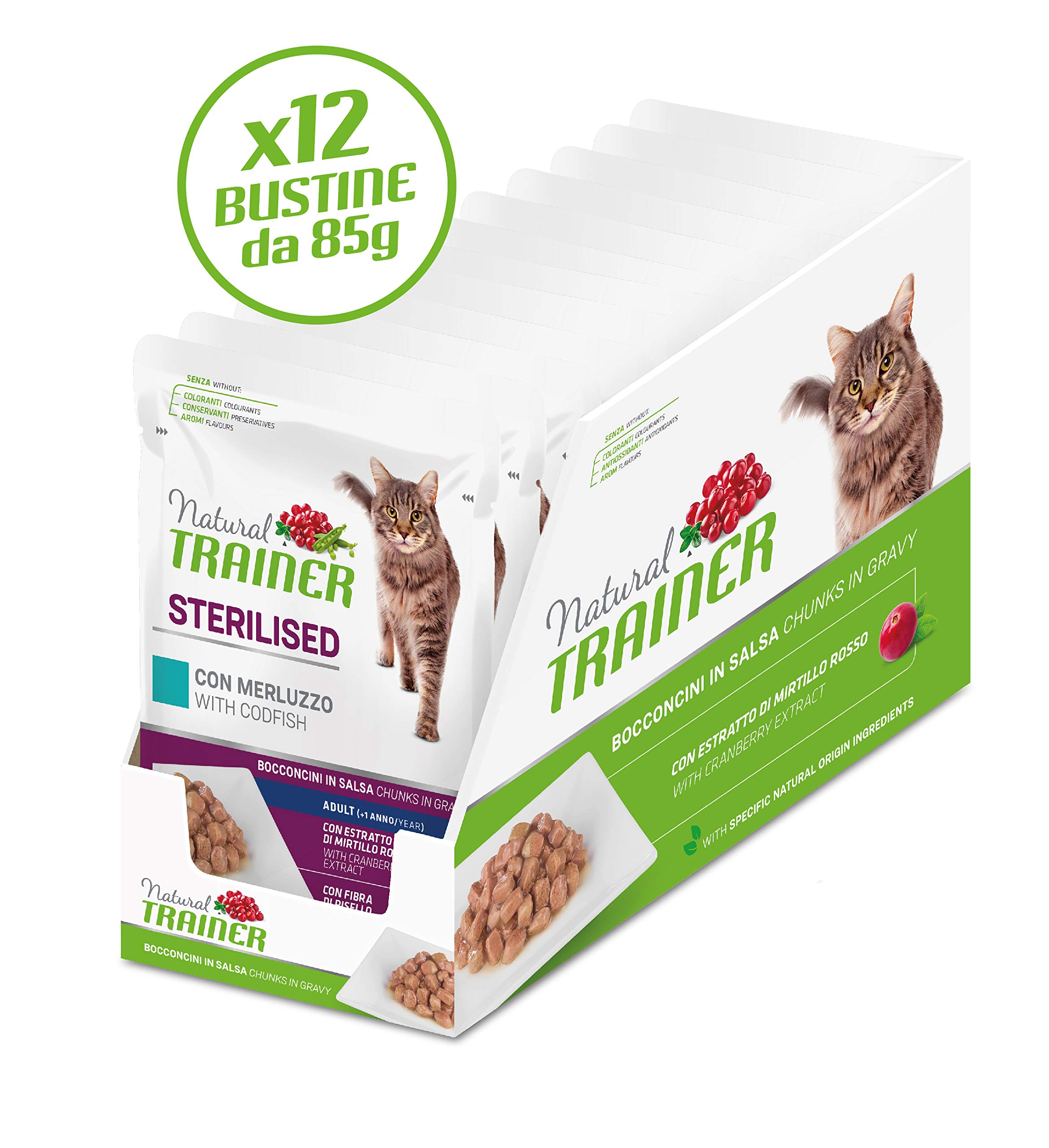 Natural Trainer Sterlisied Adult Cibo Umido per Gatti con Merluzzo e Fibra di Pisello 12 buste x 85 g - 1020 gr