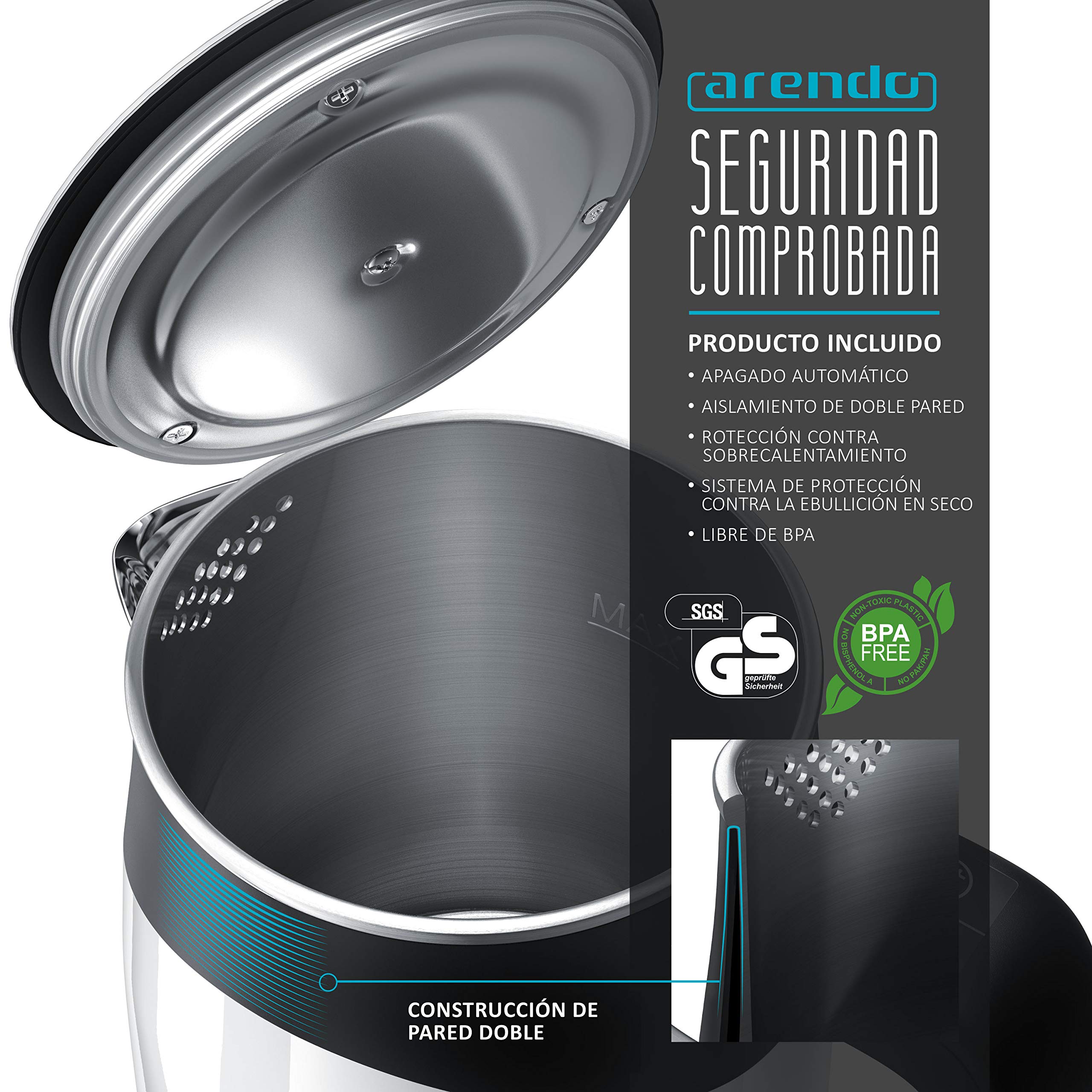 Arendo - Hervidor de agua 0,5 litro - Temperatura seleccionable 50 70 80 90 100 grados - Desconexión automática - Protección contra sobrecalentamiento - Sin BPA
