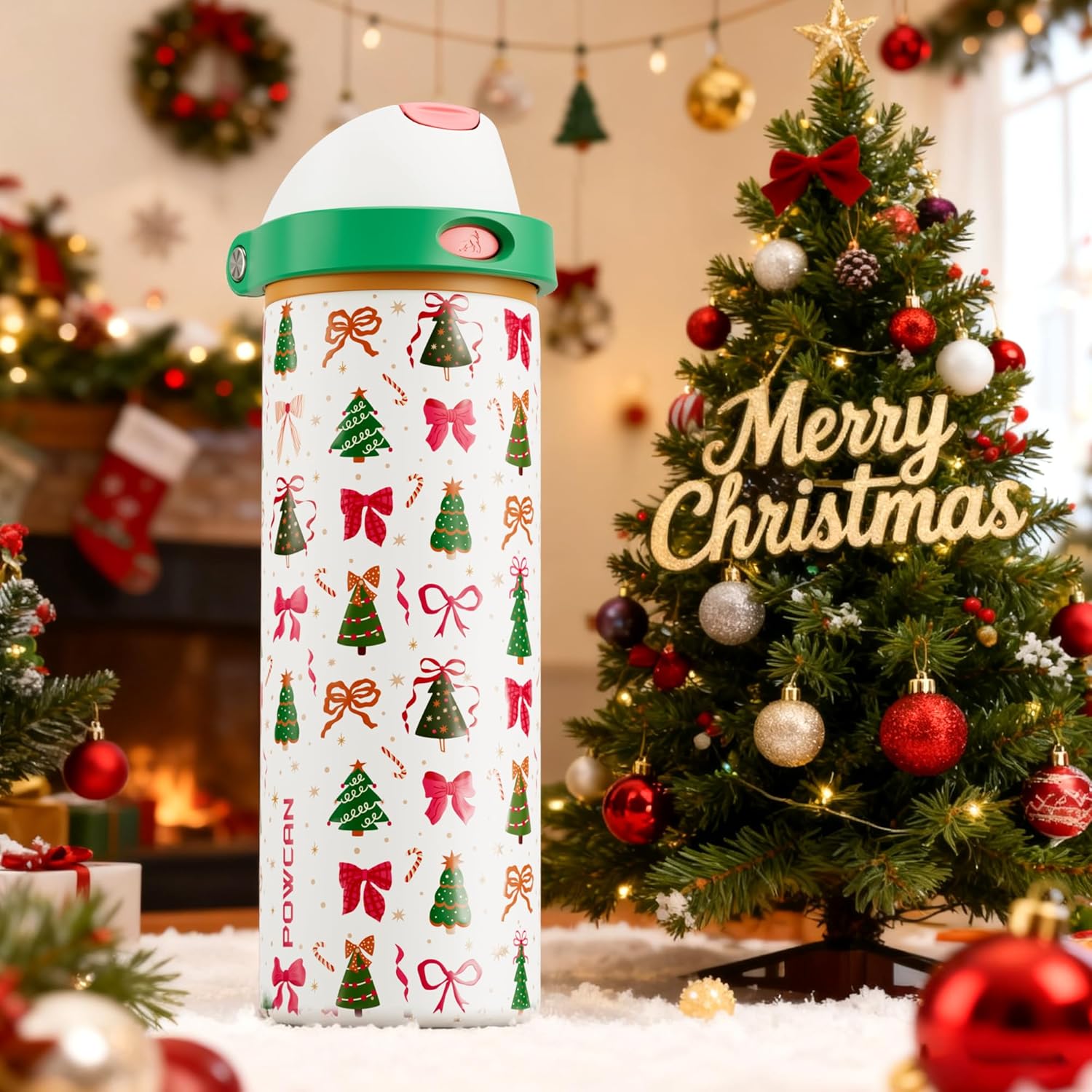 POWCAN 24 oz Christmas Stainless Steel Water Bottle: 2-in-1 Push-Button Spout & Quick-Flip Straw, Leakproof, Fits in Car Cupholder, Insulated Water Bottle for Holiday Gift, Sports, Travel (Merry Bows) - Image 6