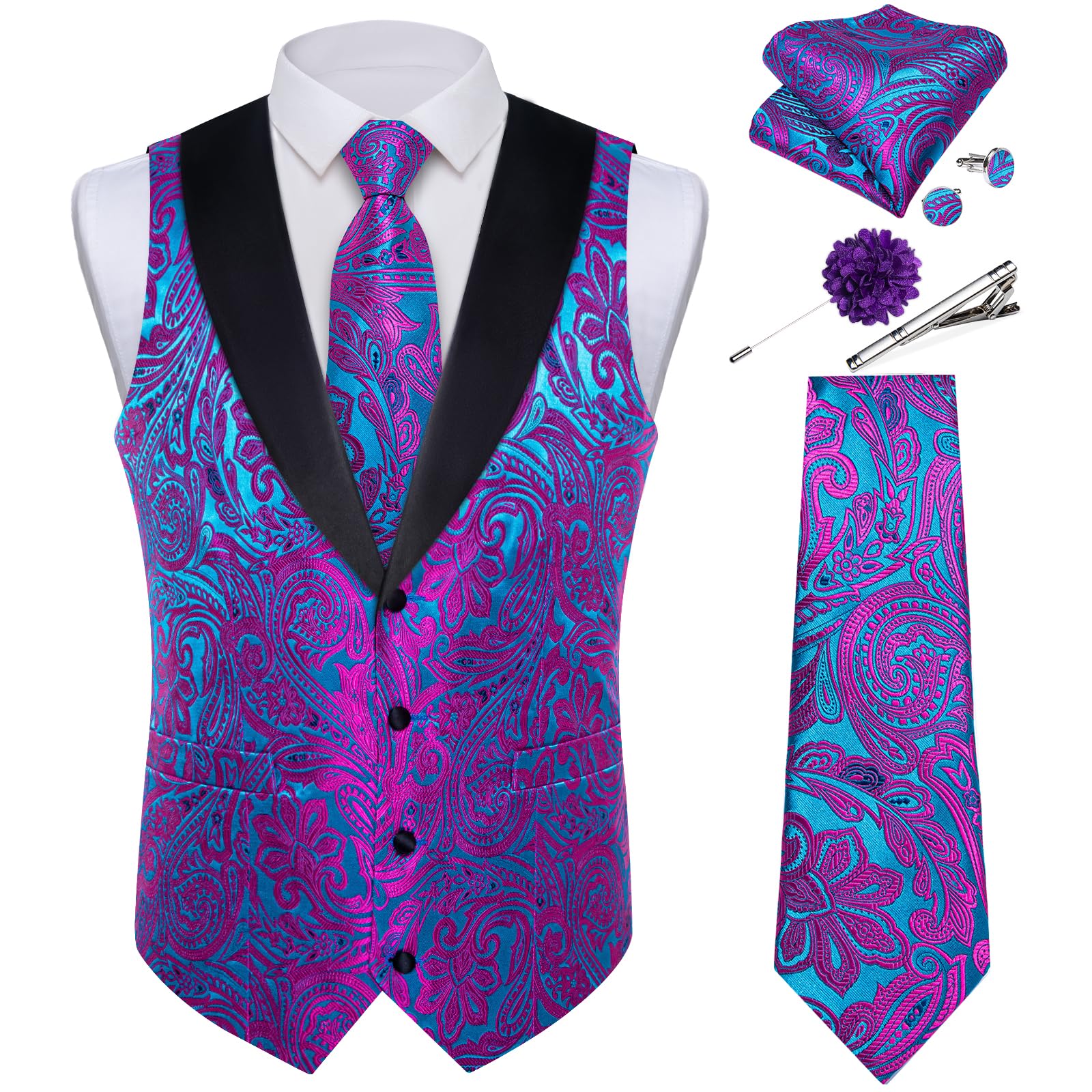DiBanGu Mens Paisley Suit Vest Silk Jacquard Waistcoat and Necktie Set Formal Shawl Collar Dress Vest 7PCS for Wedding Party