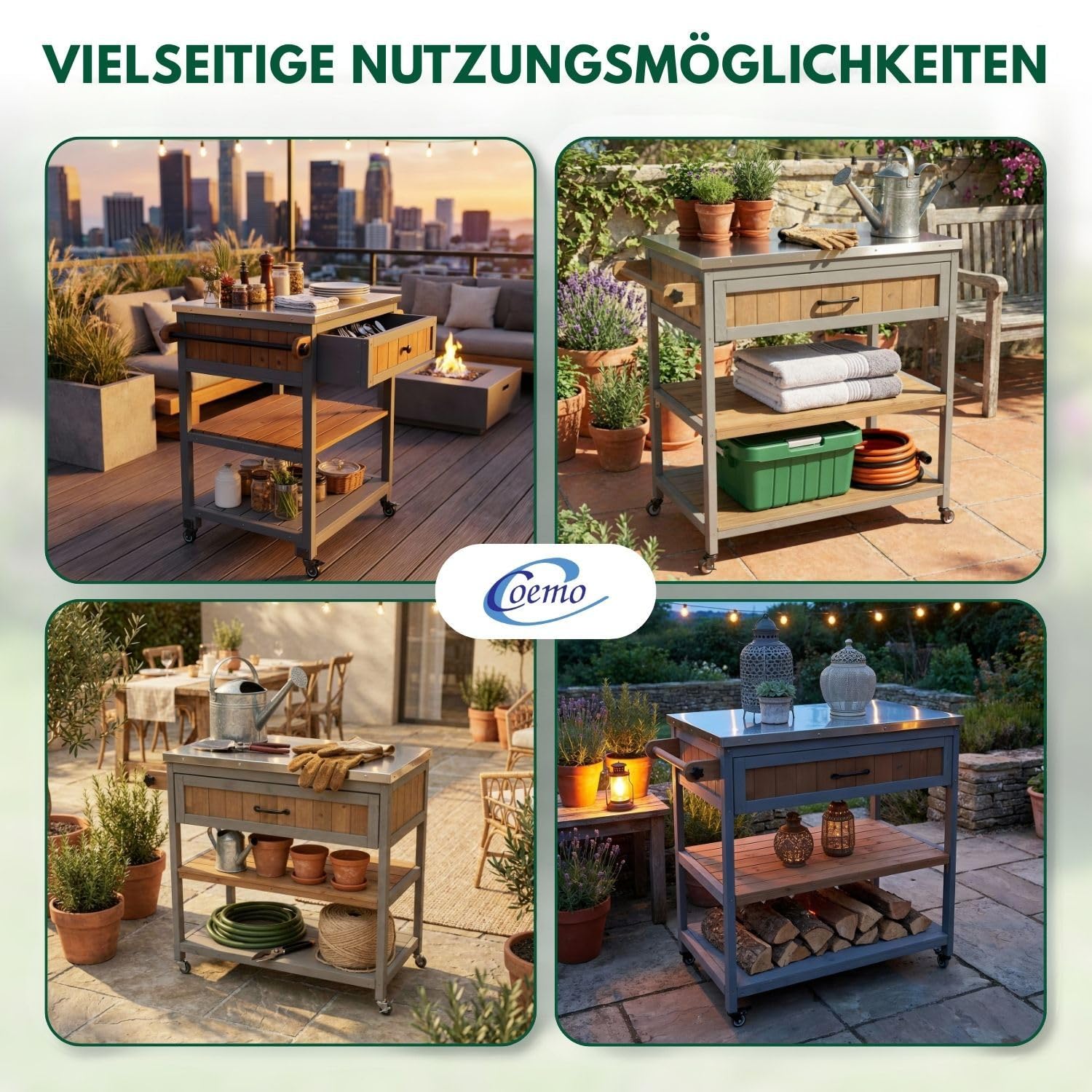 Coemo Servierwagen mit Rollen James Küchenwagen aus Holz mit Edelstahltop, Kücheninsel mit Türen, Handtuchhalter, Raumwunder, Küchenschrank Rollwagen LxBxH ca.: 82 x 53 x 92 cm Farbe Grau