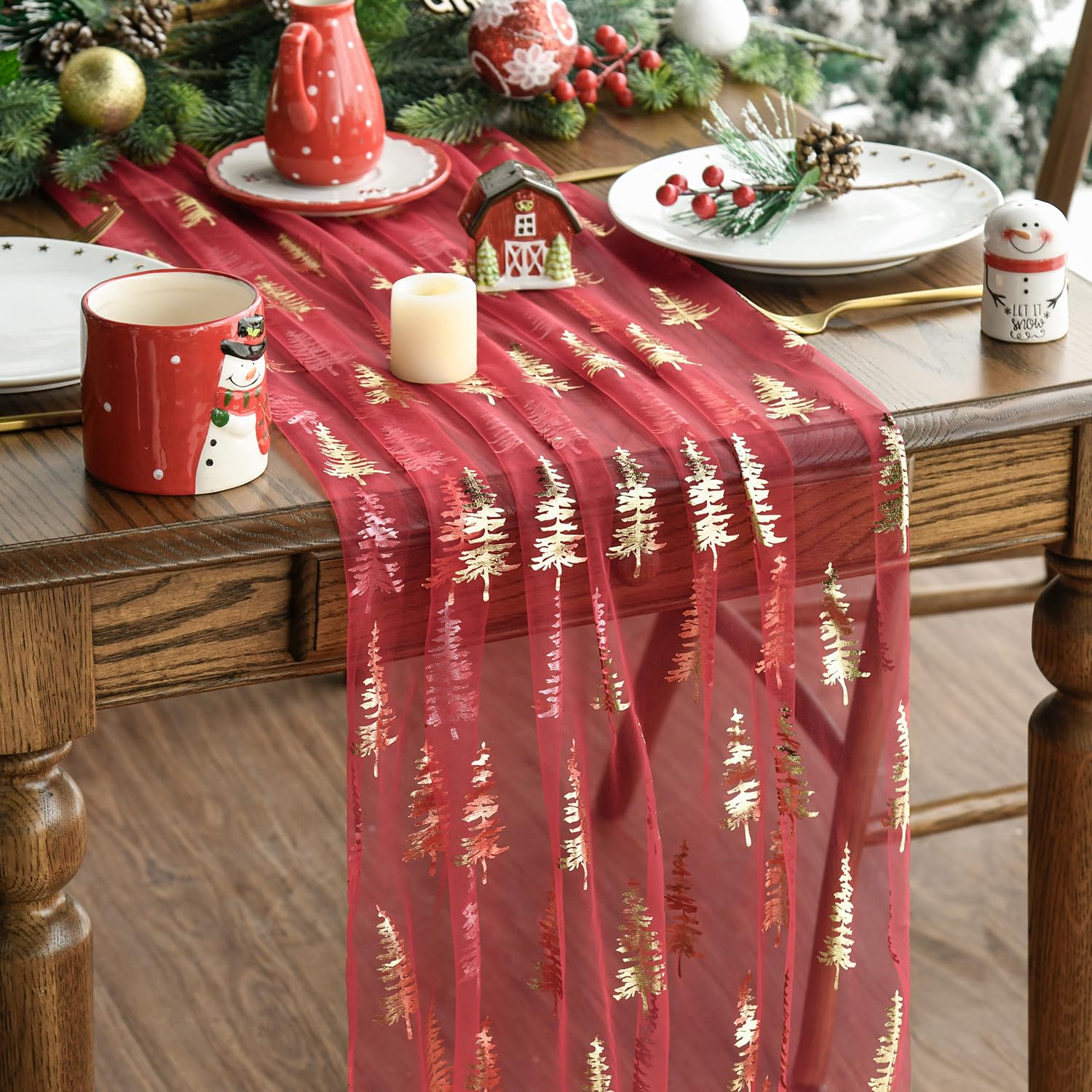 Artoid Mode Red Gold Trees Christmas Gauze Table Runner 70x300 cm, Winter Glitter Chiffon Cheesecloth Kitchen Dining Table Decor for Home Party