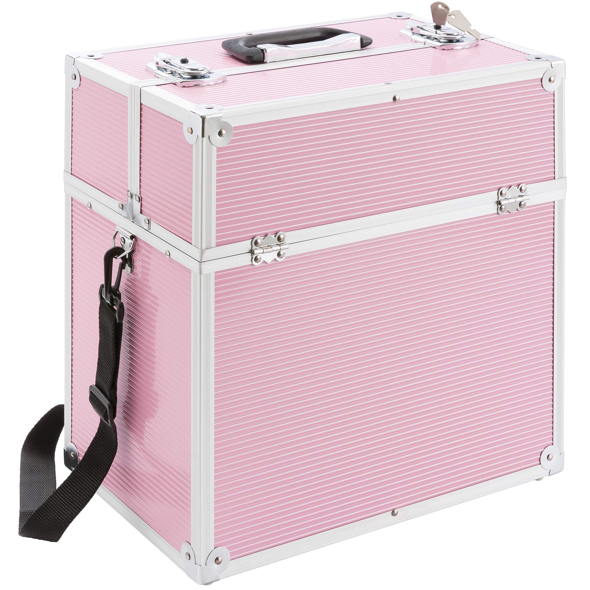 Arebos Maletín de Cosmético Grande | 26L | Maletín de Maquillaje | 13x Separadores | Aluminio | Estantes Plegables | 39 x 36 x 23 cm | Rosa | Estuche Maquillaje