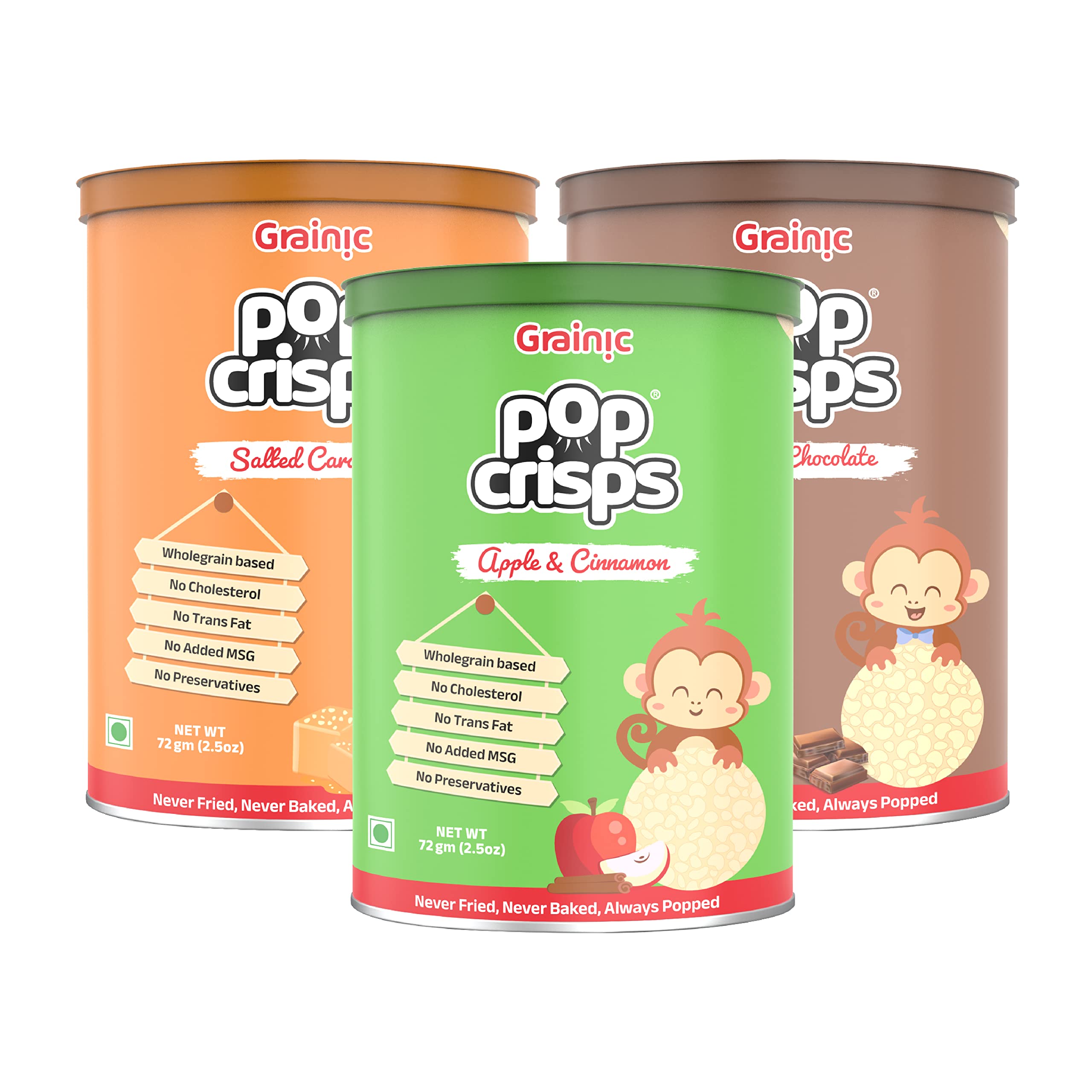 GRAINIC Popcrisps- Assorted Popped Rice Crisps |Apple & Cinnamon/Salted Caramel/Buttery Chocolate |Never Baked, Never Fried | 3 Cans X 72 Gms I (3)-image-46