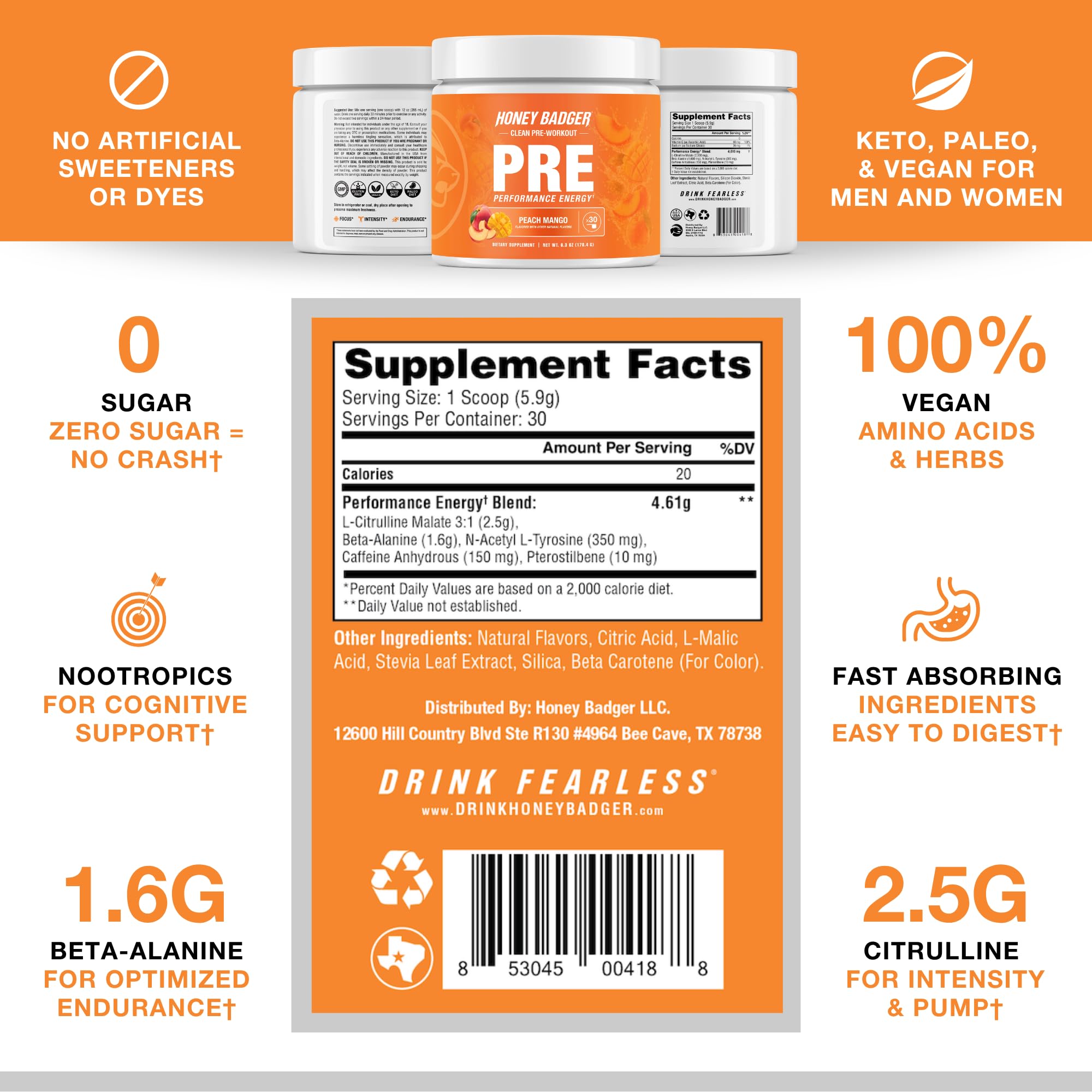 Honey Badger Pre Workout Powder, Keto Vegan Preworkout for Men & Women, Beta Alanine & Caffeine, Sugar Free Natural Energy Supplement, Peach Mango, 30 Servings — Amazon image 5
