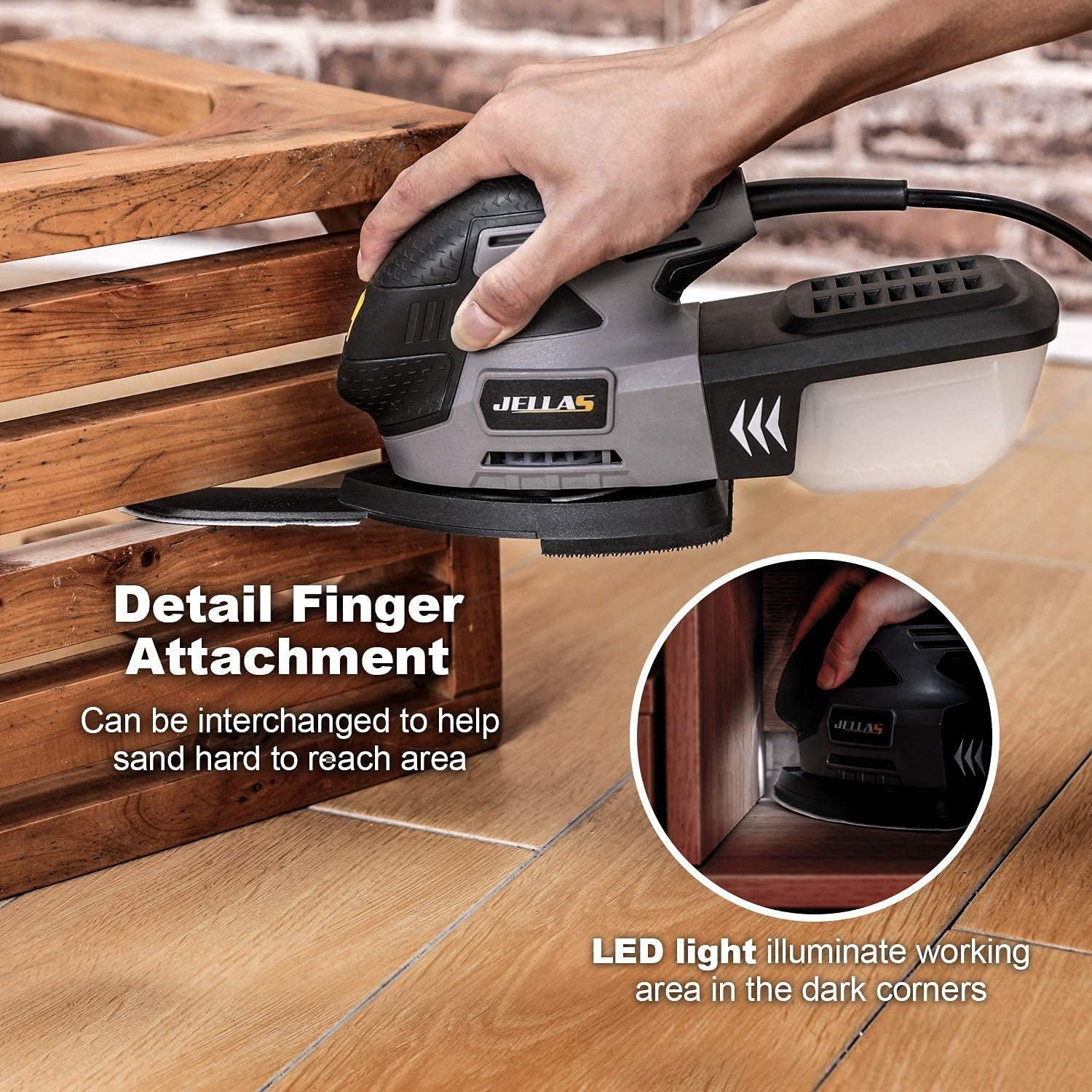 JELLAS Detail Mouse Sander, Compact Electric Sander for Wood, 13,000 RPM Sanders, 2 Amp Hand Sander with 12PCS Standard Sandpapers, Sanding Pads Included, MS220-SD - - 