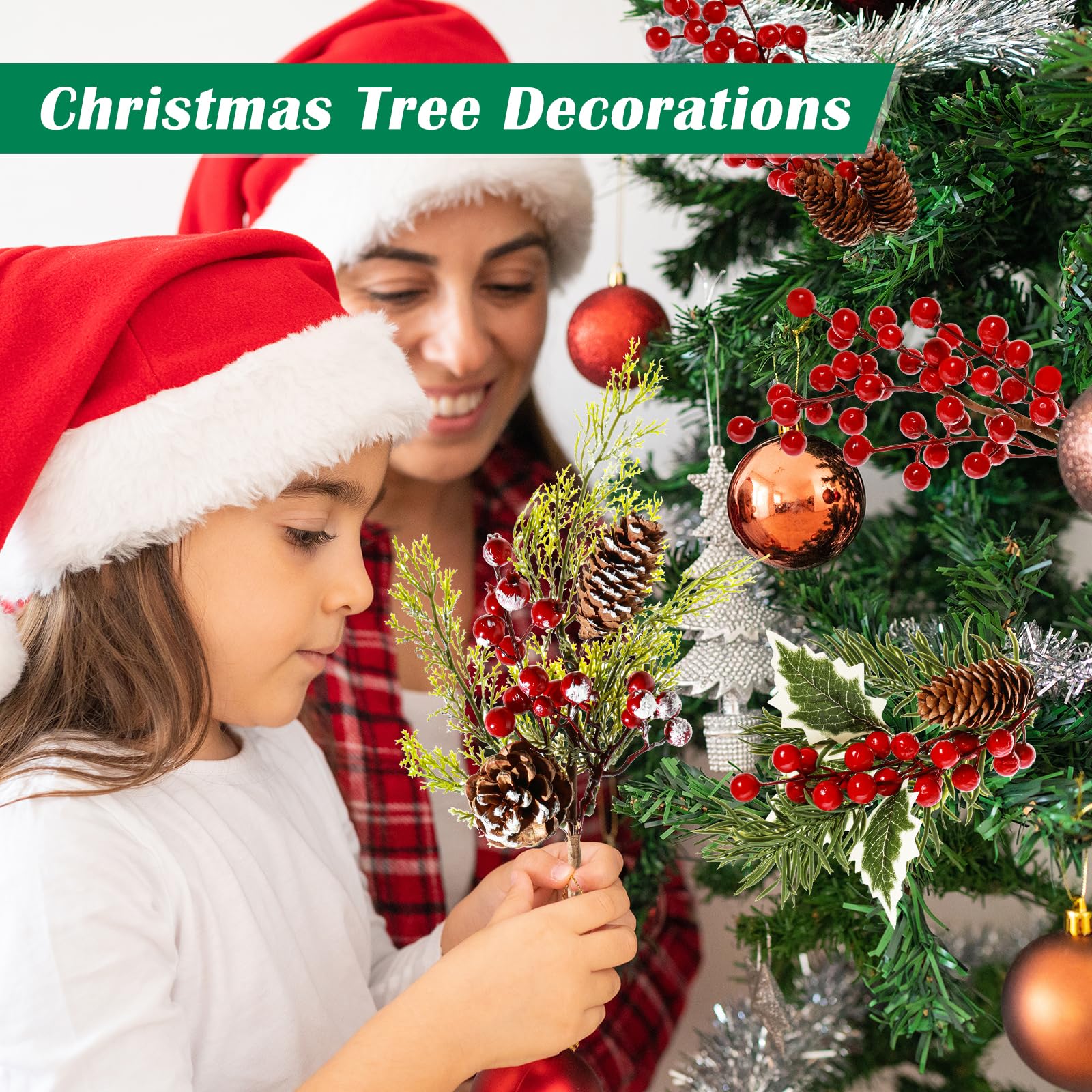 GoClimber Paquete de 12 púas artificiales para árbol de Navidad, 12 pulgadas, surtido de bayas rojas y pinos con piñas para arreglos florales de Navidad, corona, decoración de temporada de vacaciones