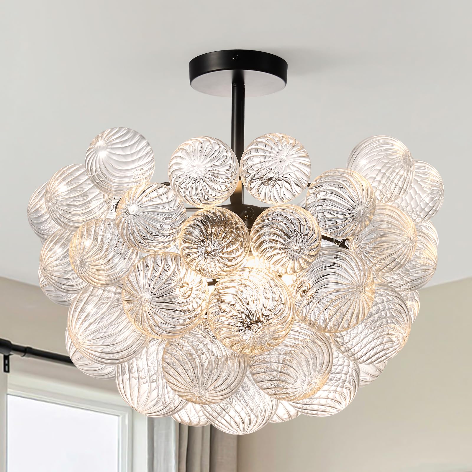 Bubble Ball Semi Flush Mount Ceiling Light Fixture, Dia 20 Inch Bubble Close to Ceiling Light Fixtures,Black Glass Crystal Semi Flush Light Fixture, Bubble Chandelier with Visual Comfort