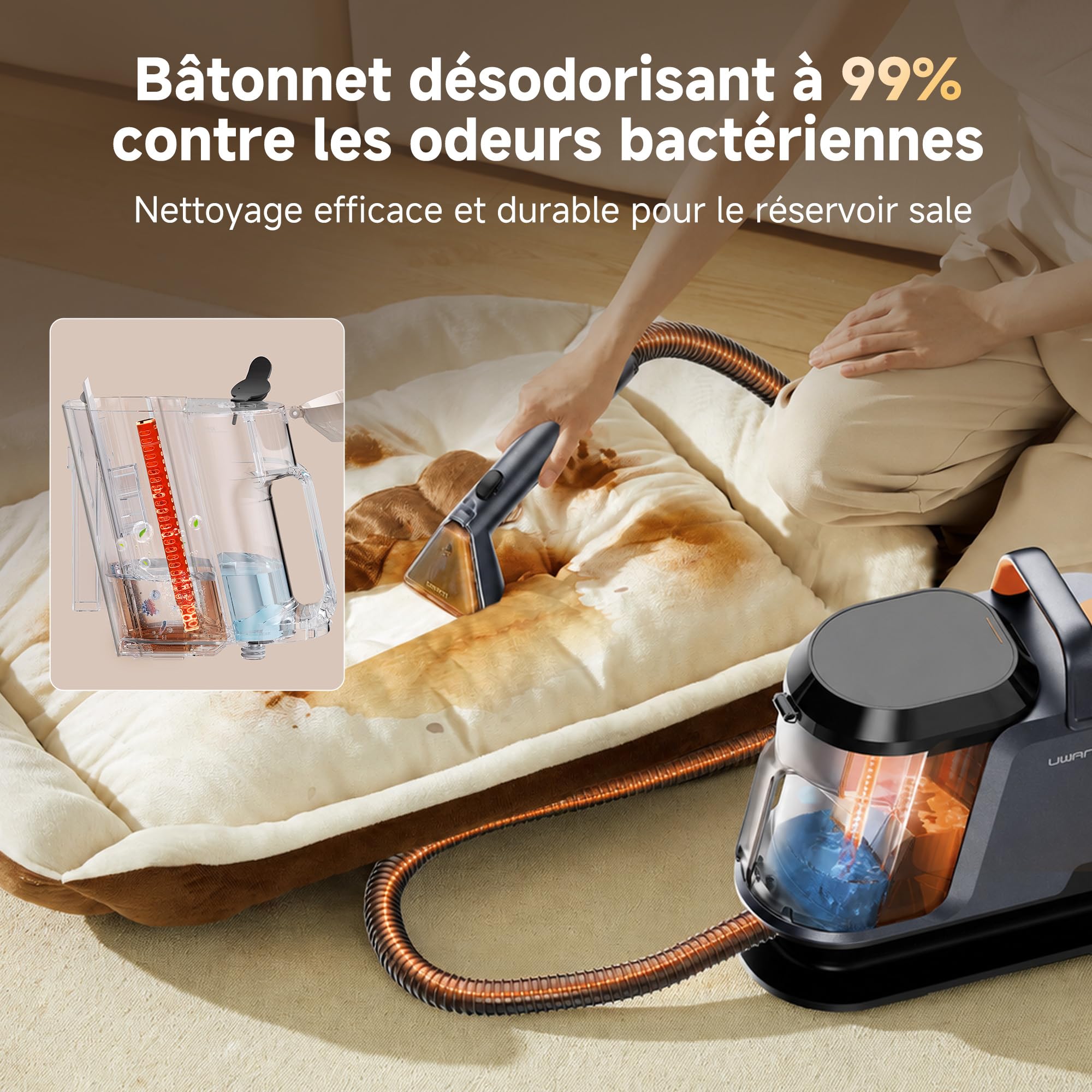 Uwant Y100Pet Spécial Animaux Shampouineuse Canape for Élimine taches et odeurs, Aspiration 850W Rapide et Facile, Extracteur de poils, Léger et portable, Pet Pro Solution de nettoyage