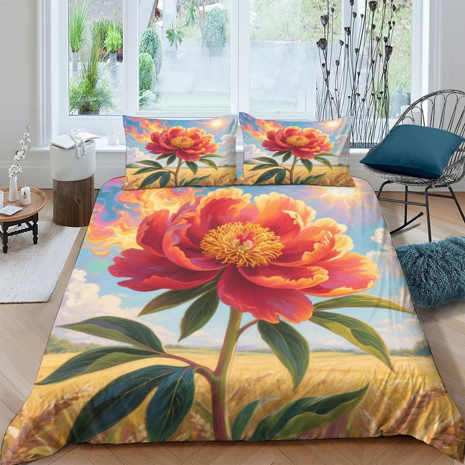 Housse de couette 220x240 pivoine lit double fille et garçon drap microfibre