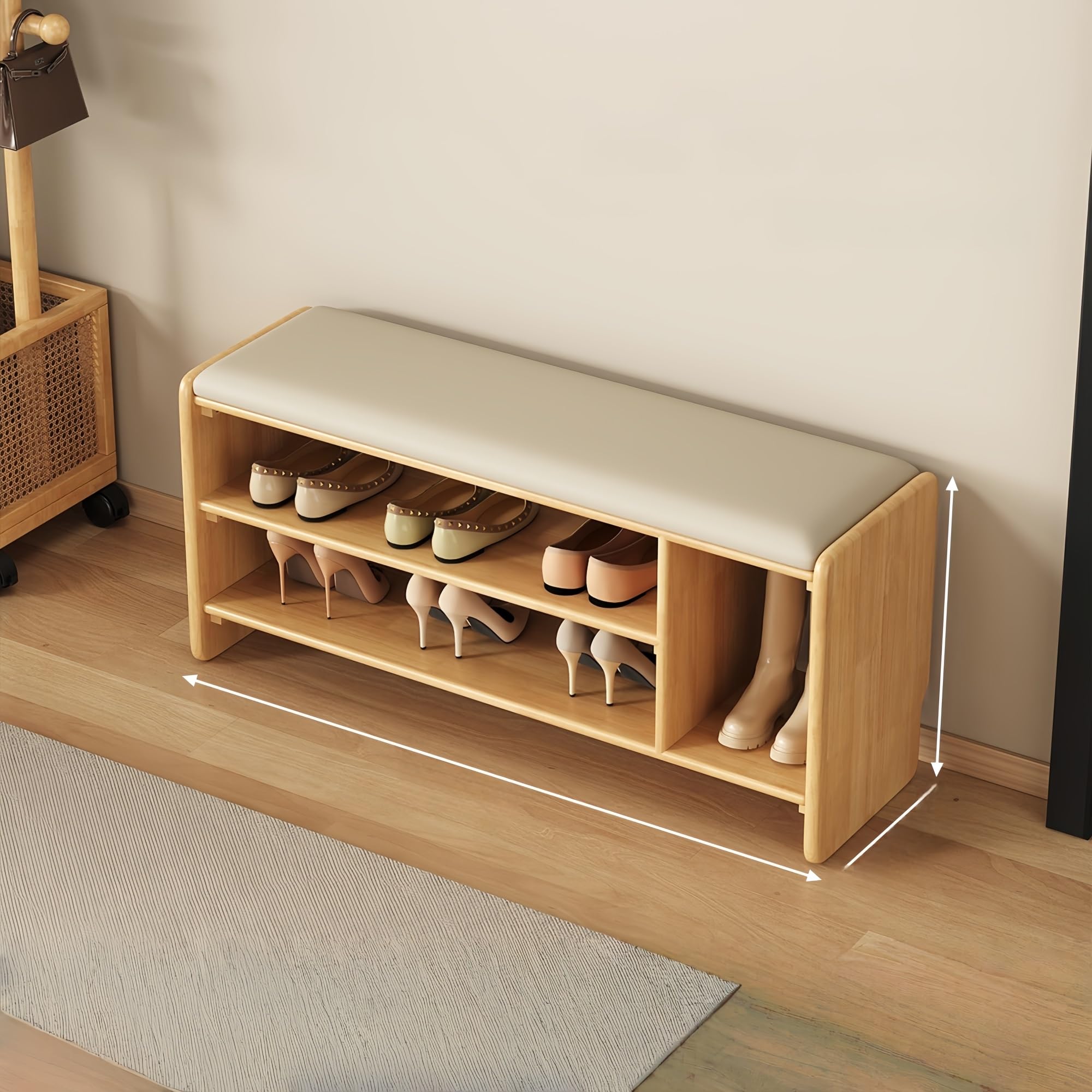 Meuble à chaussures bois étagère d'entrée pouf de rangement double couche avec coussin éponge