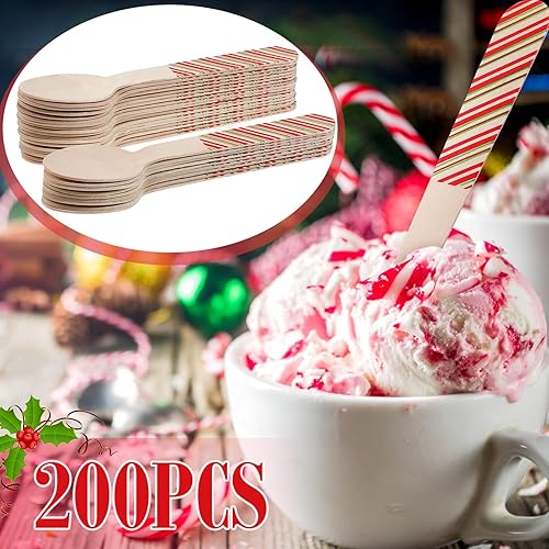 Miniatura 4 de 200 cucharas de madera desechables de Navidad, cucharas de chocolate caliente, cucharas de madera a rayas rojas, verdes y blancas, cucharas de