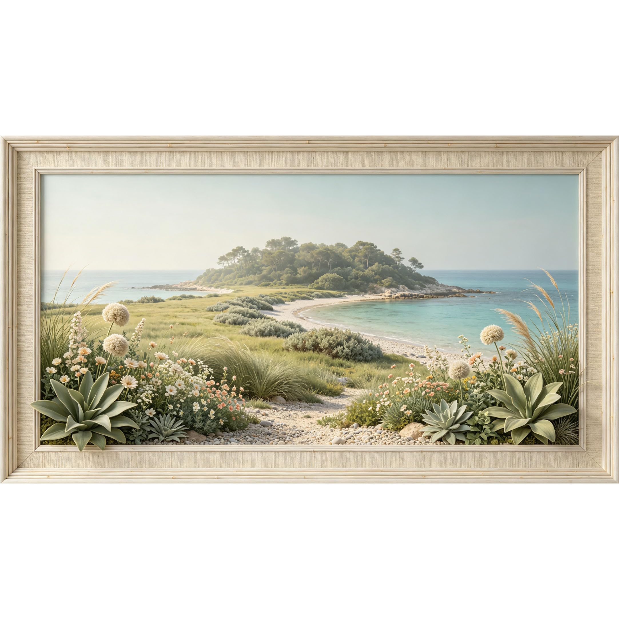 QZLITHOTIC 50x90cm3D Framed Wall Art， Coastal Botanical Seaside Landscape Self‑Adhesive Mural， Water‑Activated Peel & Stick Fabric Decor Wall Decal for Bedroom Living Room