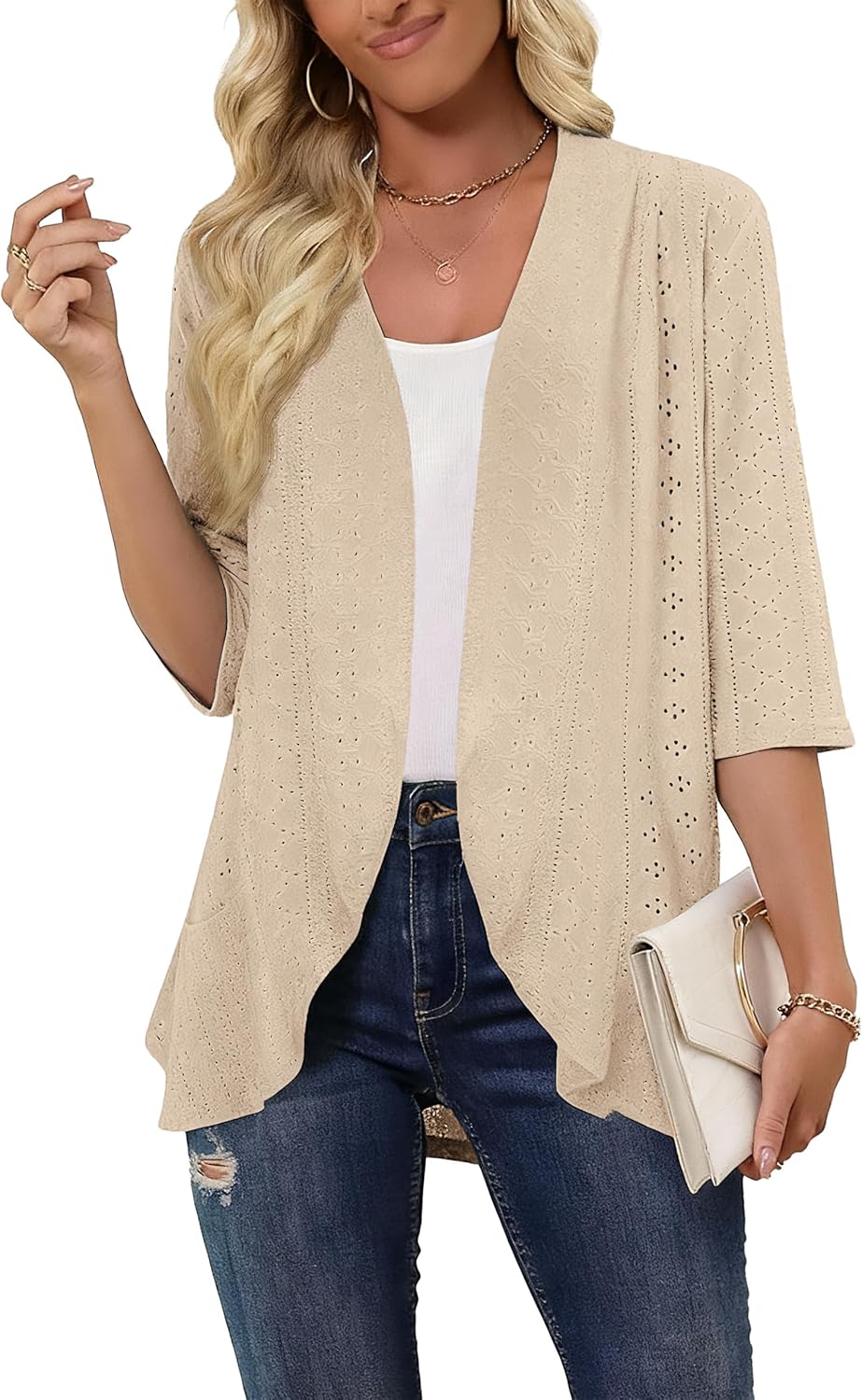 Askyes Women Cardigan 3/4 Sleeves Open Front Lightweight Soft Netted Knit Draped Ruffles Cardigan Kimono Cover Ups - Image 2