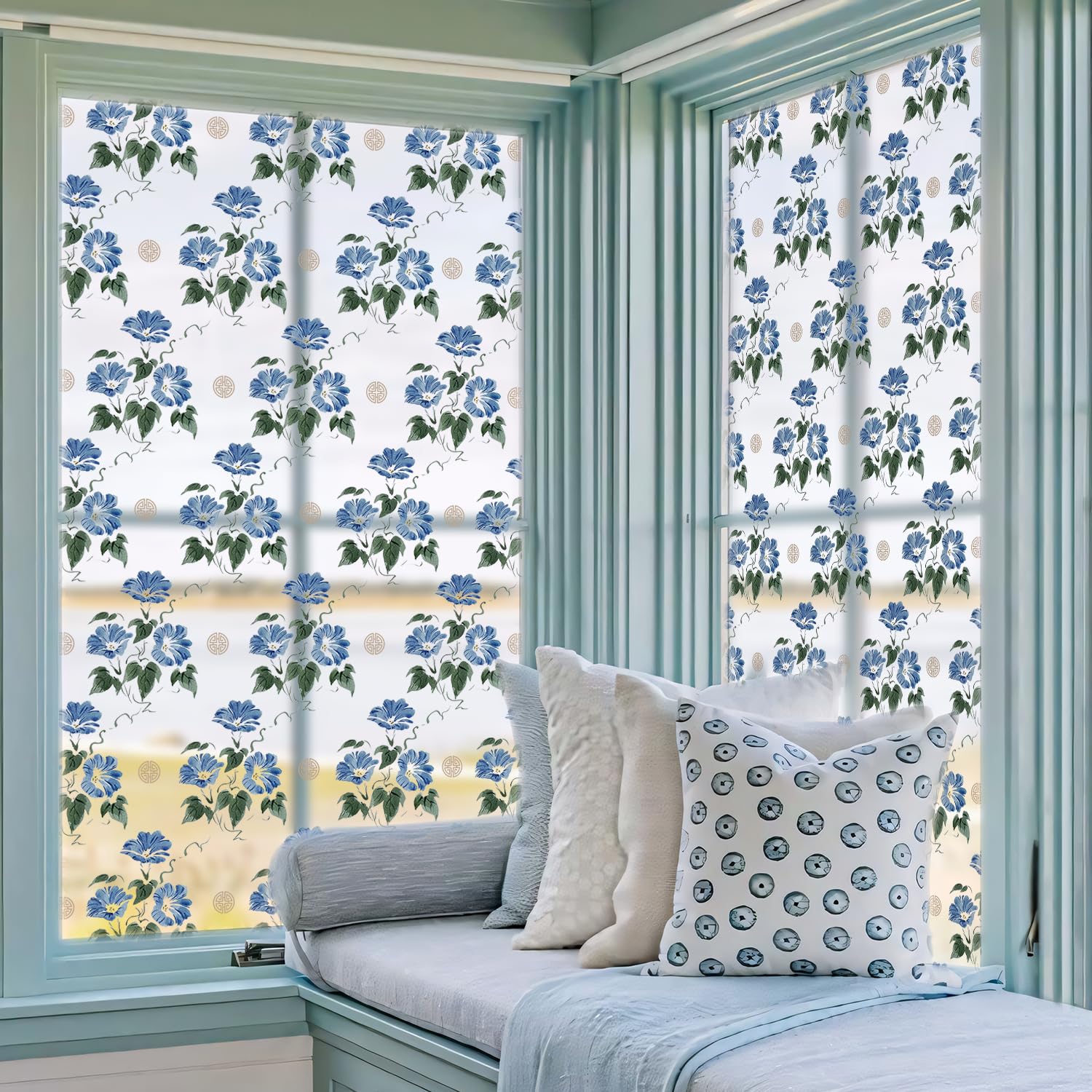 Alwayspon 22.83x78.74inch(58x200cm) Blue Flowers Static Window Film Privacy, Double Sided Window Cling Sticker, Anti UV Glass Film for Home Shop Window Display Decoration