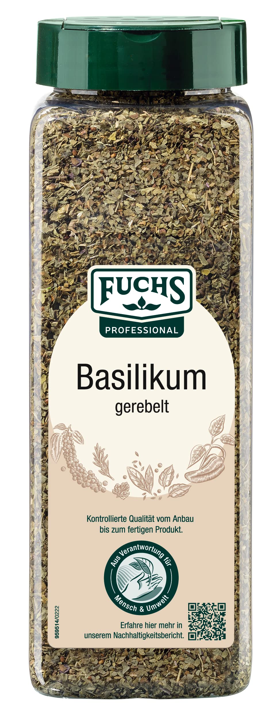 Fuchs Professional - Basilikum gerebelt | Mediterranes Gewürzkraut für Großverbraucher | Mit praktischem Streuaufsatz | 150 g im großen Streuer