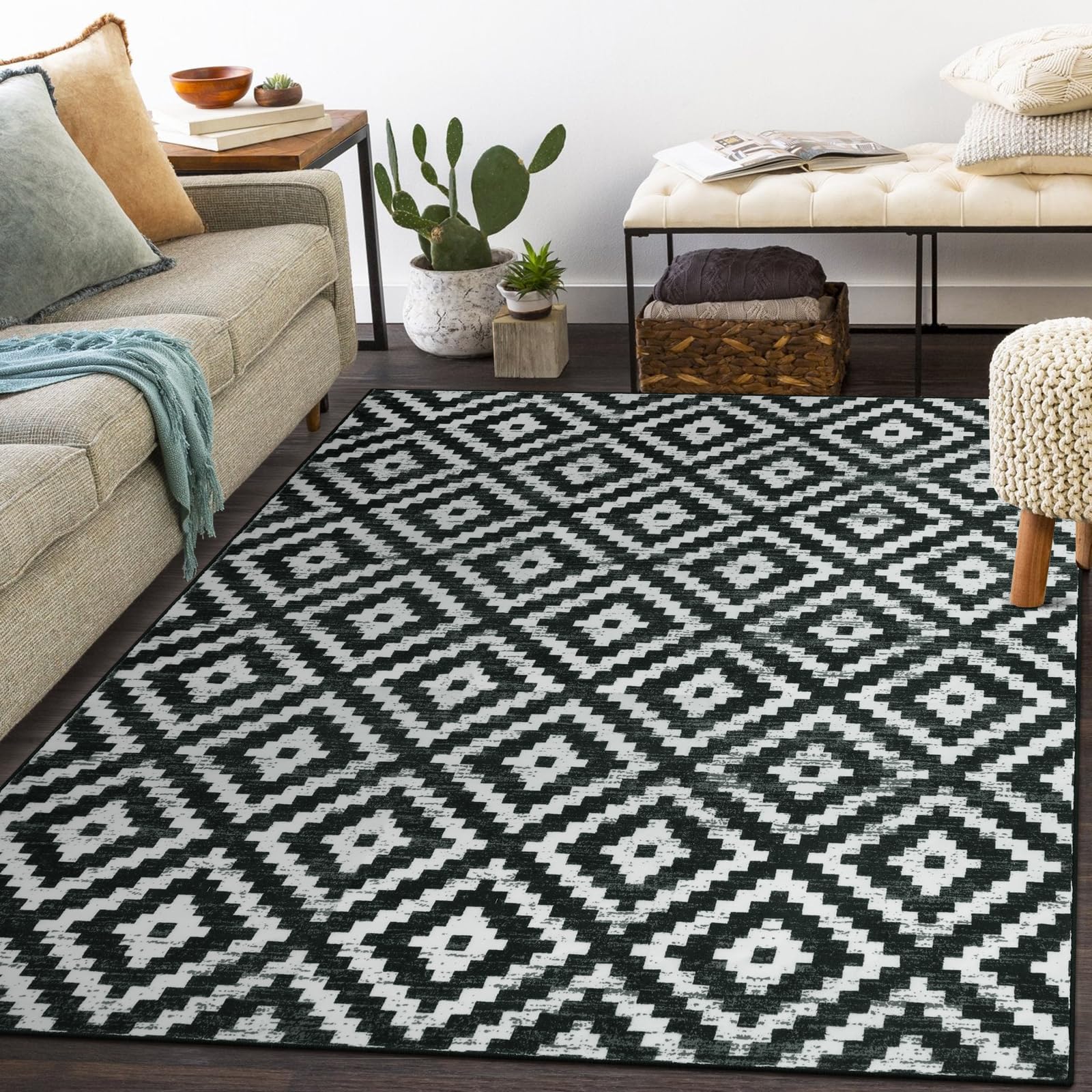LahomeWashable Rugs 9x12 Area Rug for Living Room, Modern Large Carpet for Bedroom, Boho Trellis Black and White Dining Room Rug, Soft Non-Slip Non-Shedding Indoor Carpet for Nursery Kids Playroom