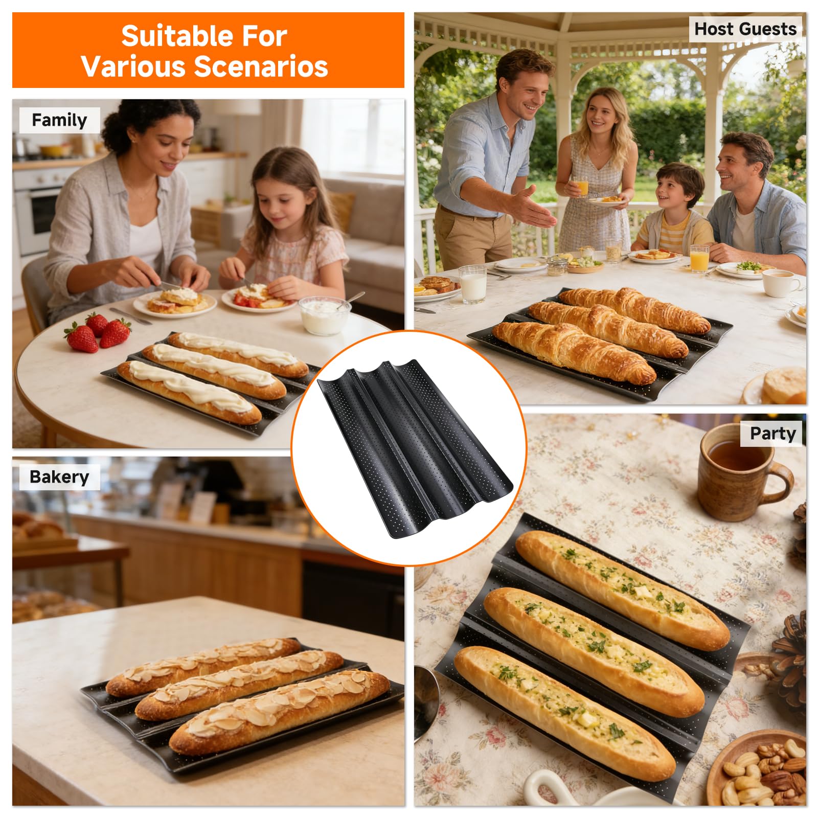 Molde Pan Baguette, Molde Baguette Horno con Revestimiento, Bandeja 3 Piezas Francesas, Panecillos Caseros 38x25 cm, Ideal Hornear Resultado Perfecto Casa Crujiente Uniforme — view 7